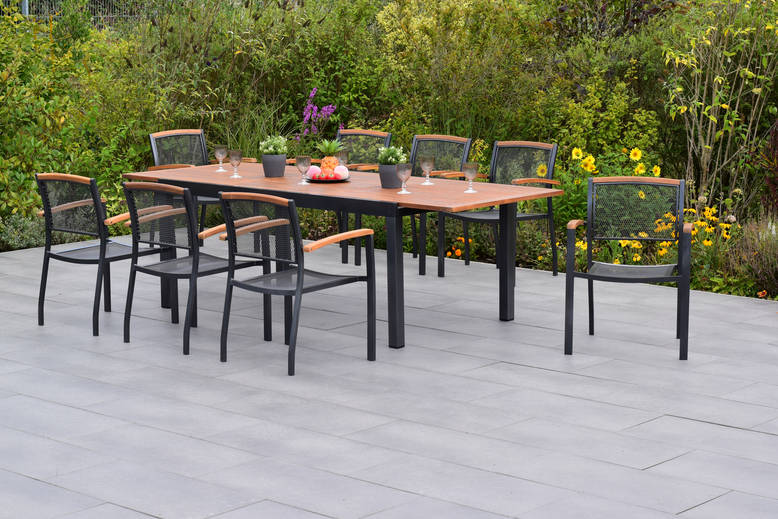 50798-217-1 Tilos Set 9tlg., 8 Stapelsessel, Ausziehtisch 180 (250) x 100 cm