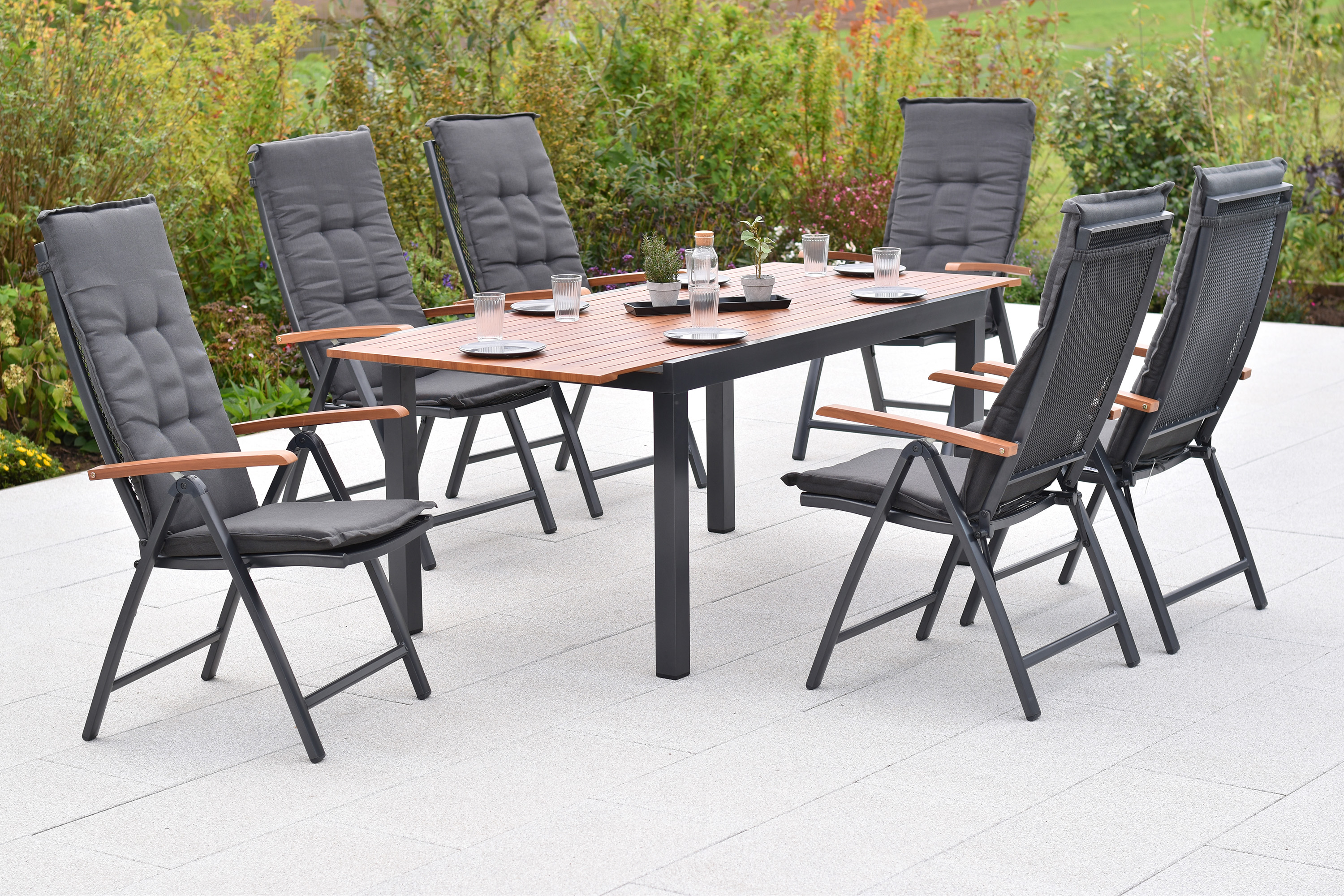 Thasos Gartenmöbel Set 13tlg., 6 Klappsessel, 6 Auflagen, Ausziehtisch 150 (200 ) x 90 cm, Aluminium