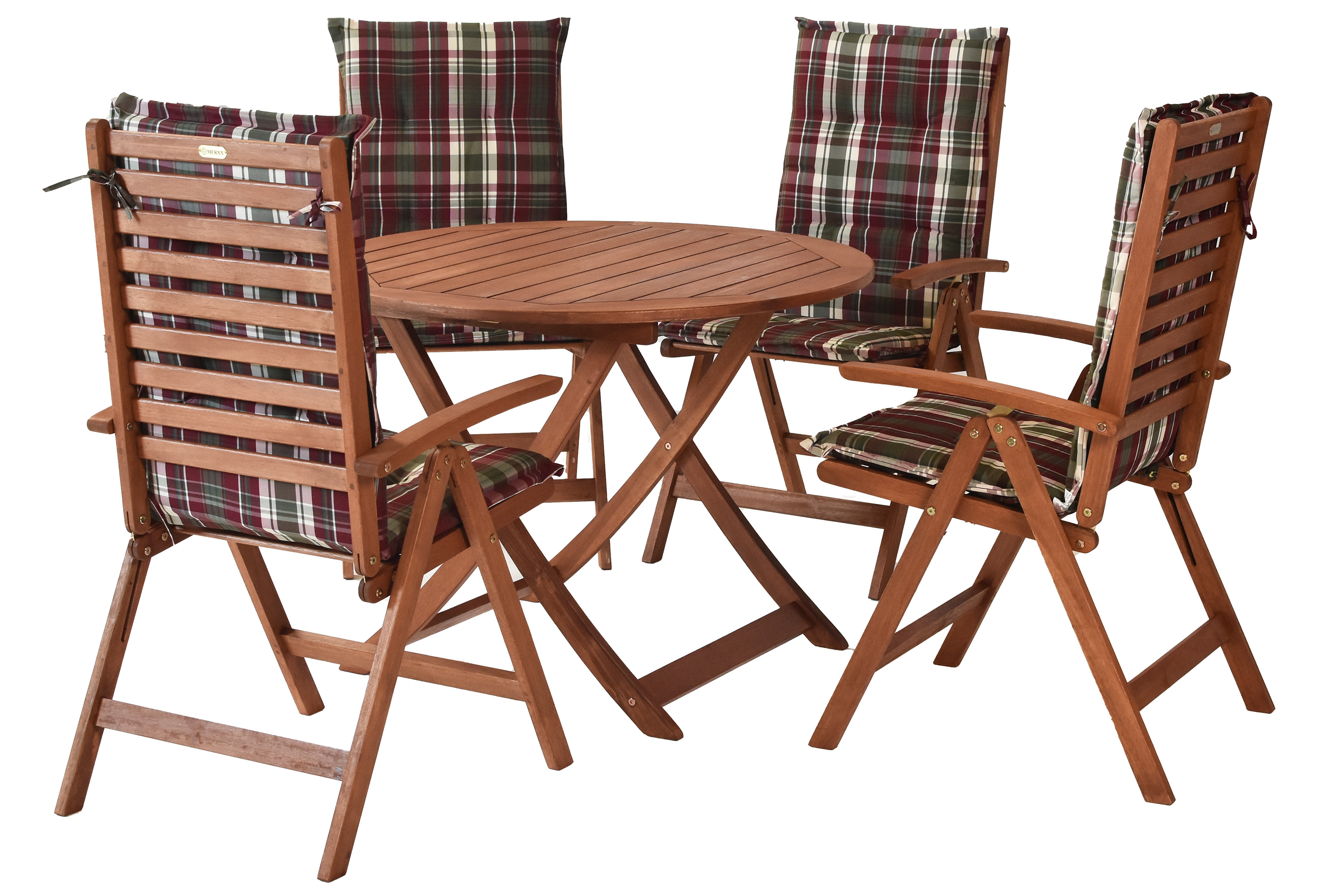 Borkum Gartenmöbel Set 9tlg., 4 Sessel, 4 Auflagen, Klapptisch Ø 100 cm, Eukalyptus