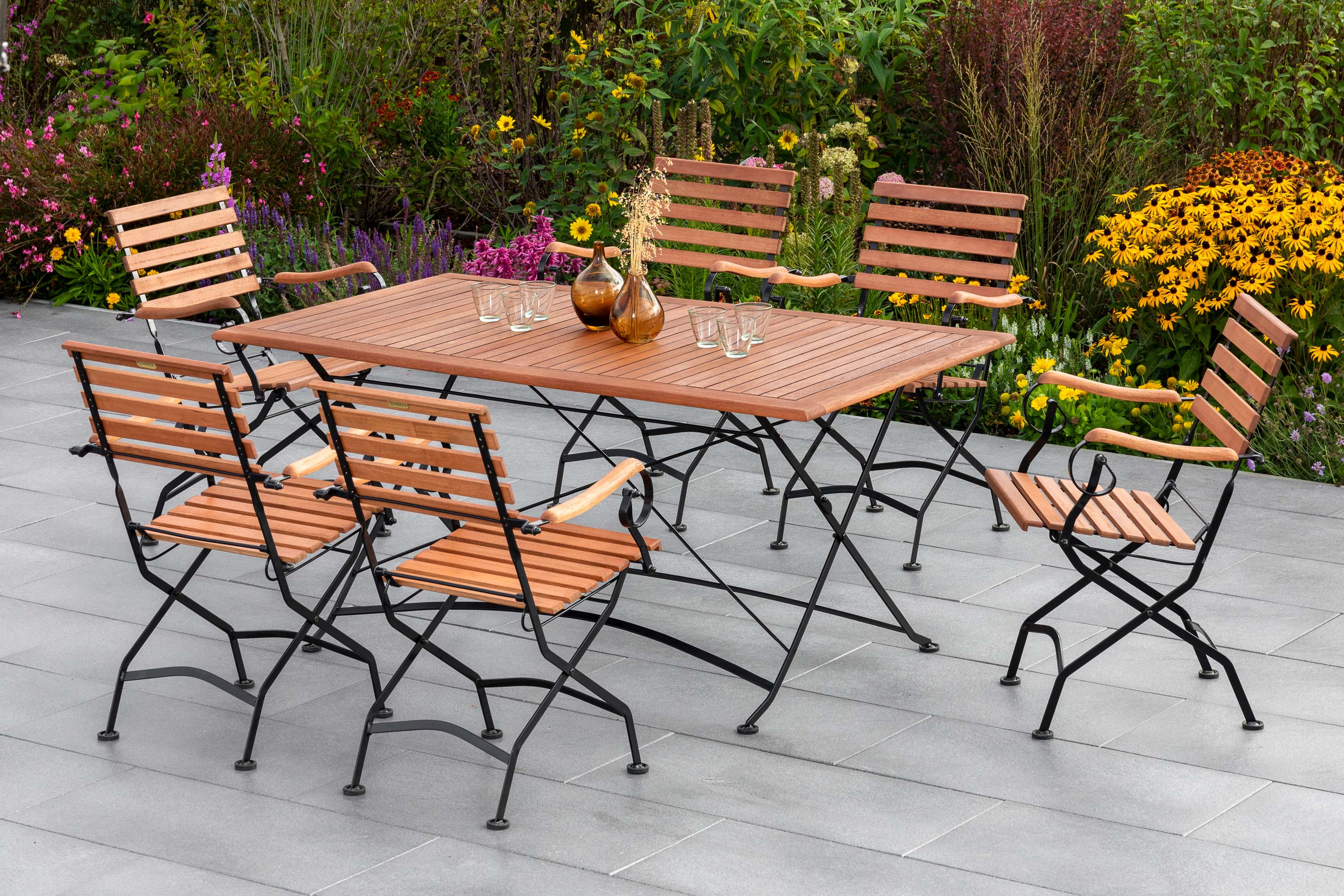 Schlossgarten Set 7tlg., 6 Klappsessel, Klapptisch 160 x 90 cm, Flachstahl/Eukalyptus