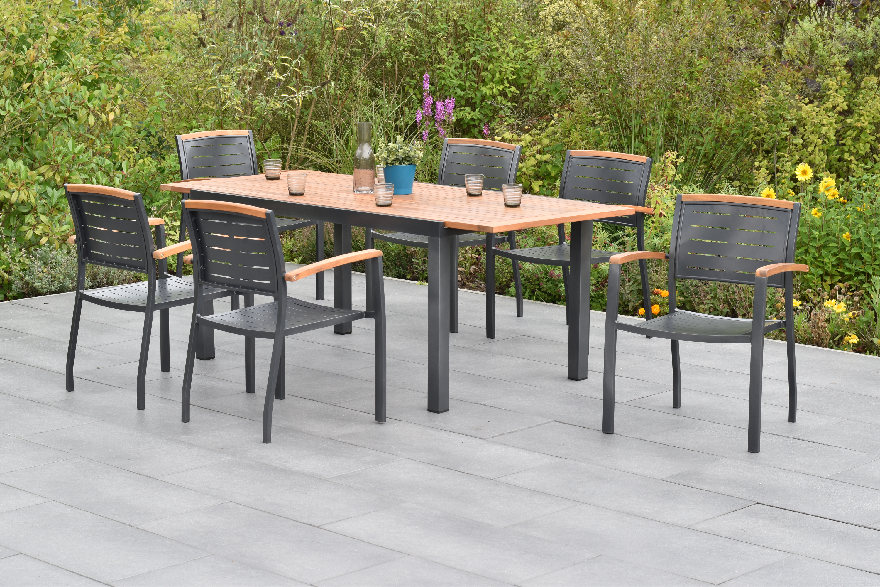 50814-217-1 Tinos Set 7tlg., Stapelsessel & Ausziehtisch