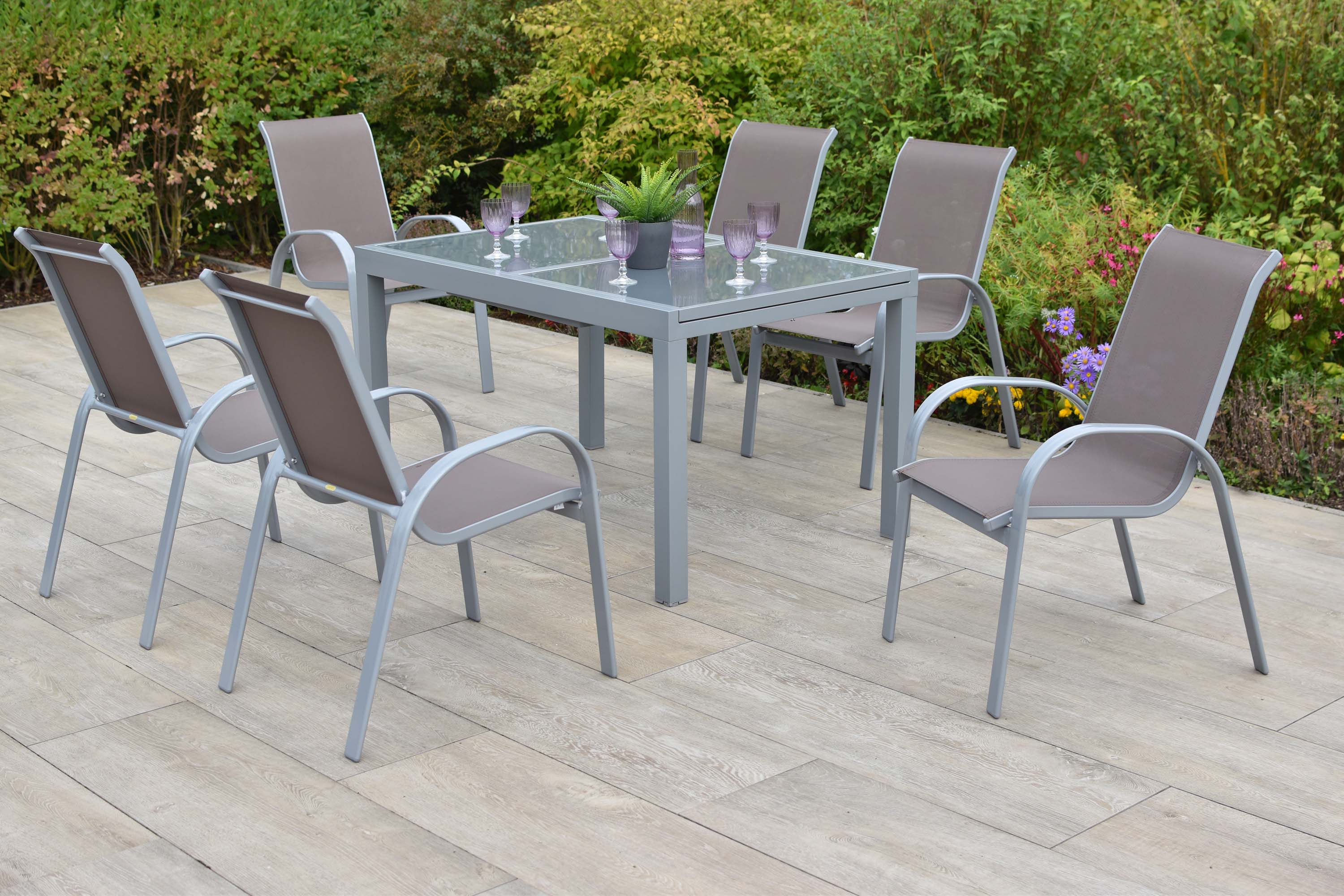 Amalfi Gartenmöbel Set 7tlg., 6 Stapelsessel, Ausziehtisch 160 (220) x 90 cm, Aluminium/Textil