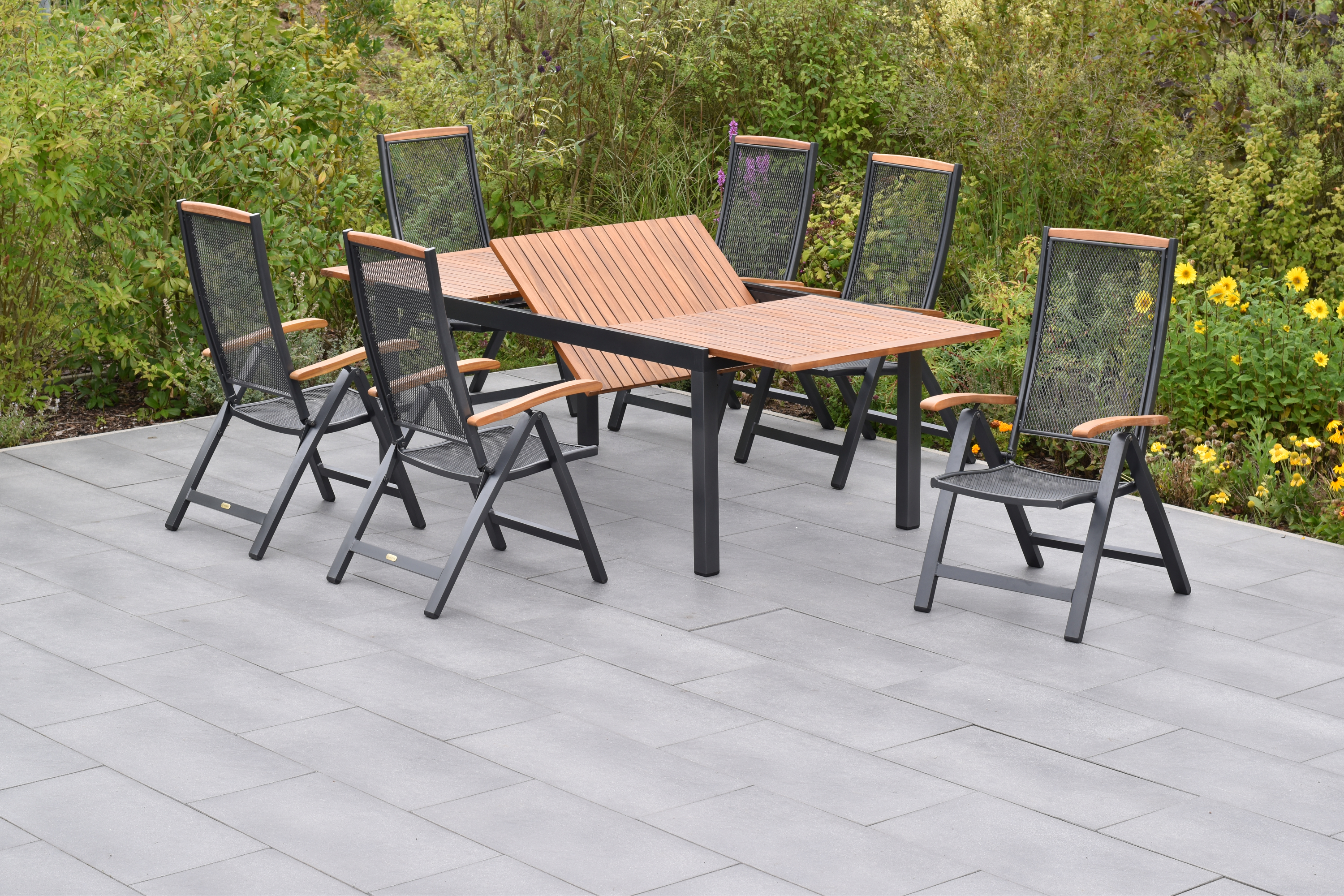 Tilos Gartenmöbel Set 7tlg., Klappsessel & 180 (250) x 100 cm