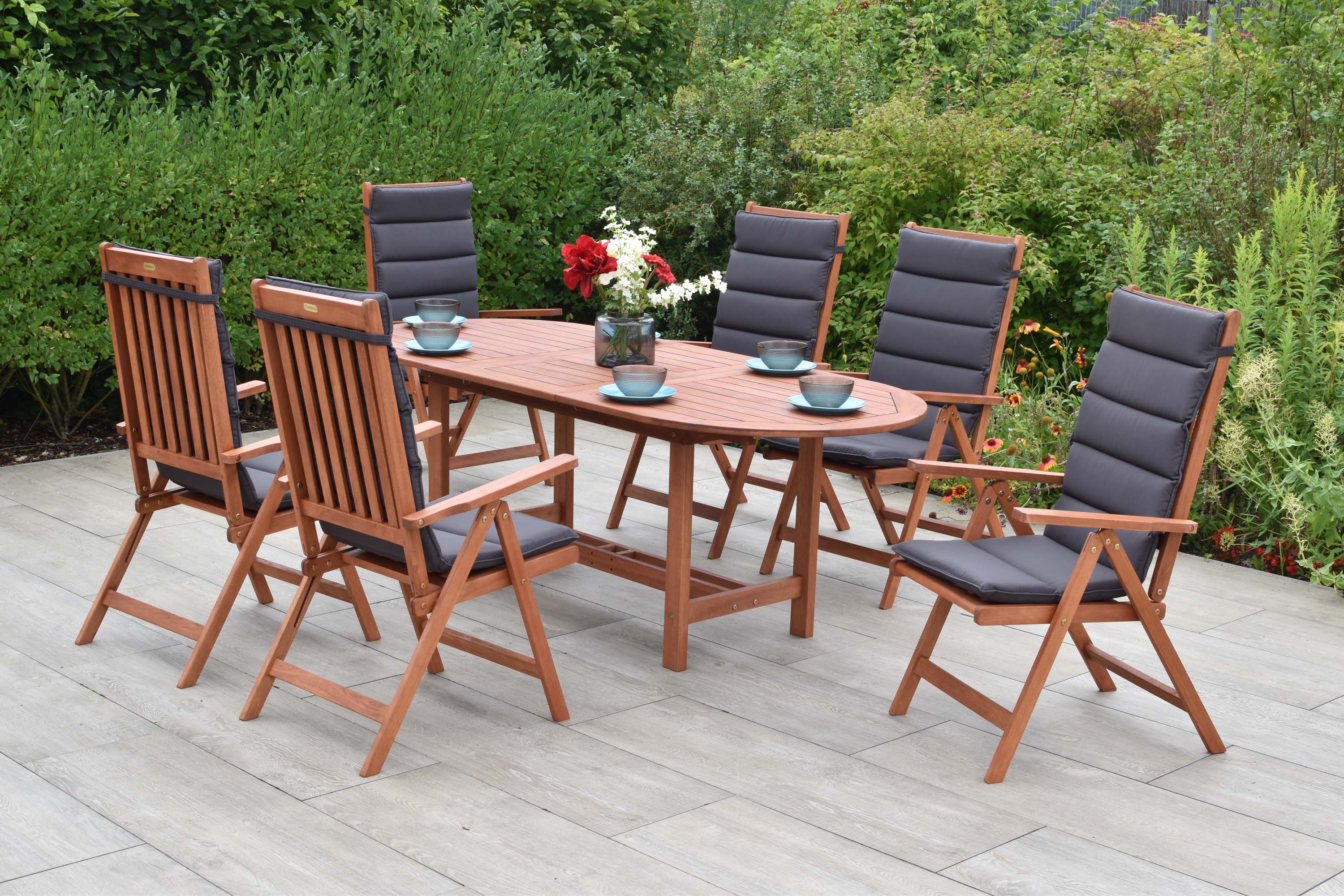 Vitoria Gartenmöbel Set 13tlg., 6 Klappsessel, 6 Auflagen, Ausziehtisch 160 (210) x 90 cm