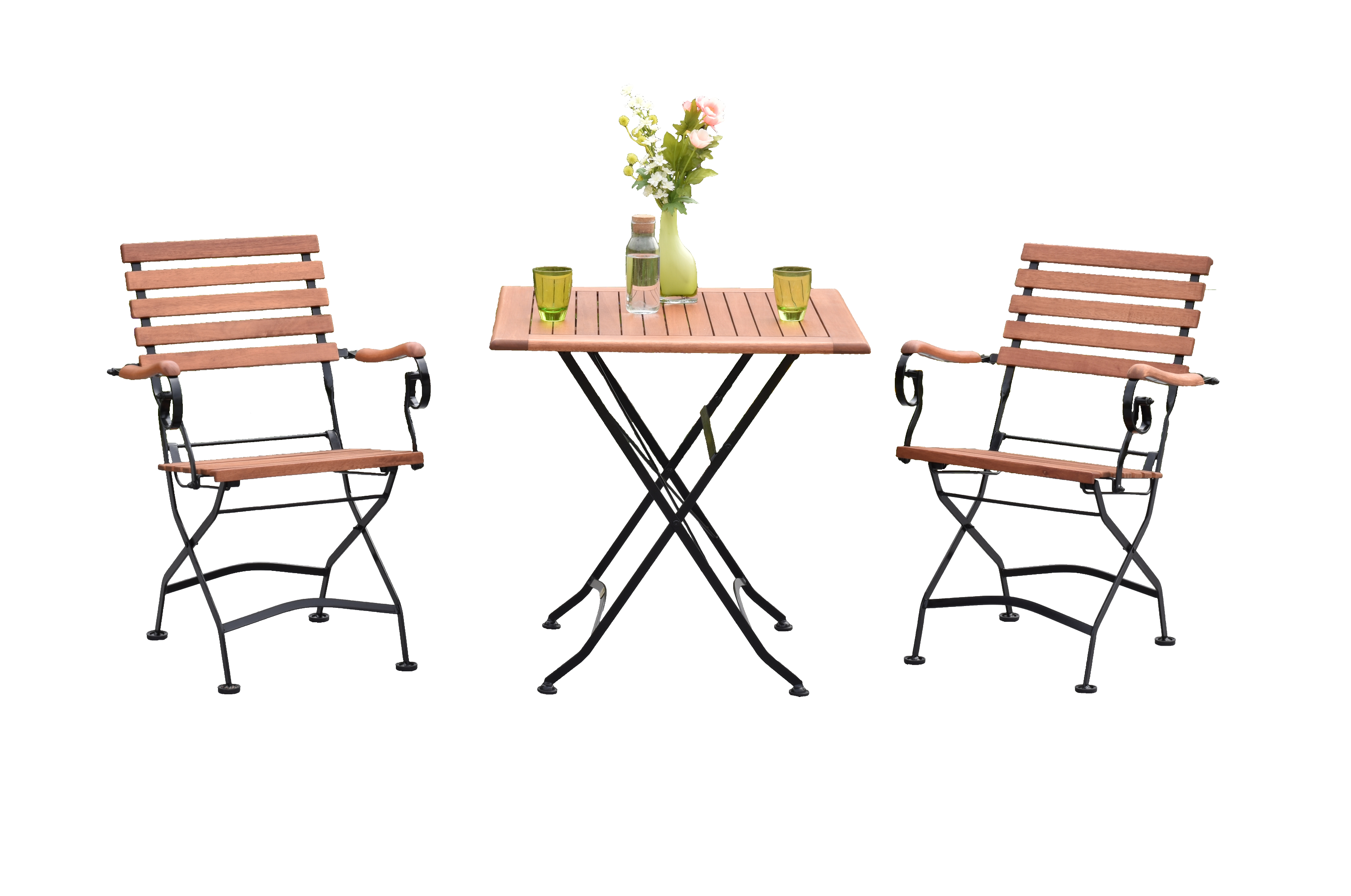 Schlossgarten Gartenmöbel Set 3tlg., 2 Klappsessel, Klapptisch 75 x 75 cm, Flachstahl/Eukalyptus