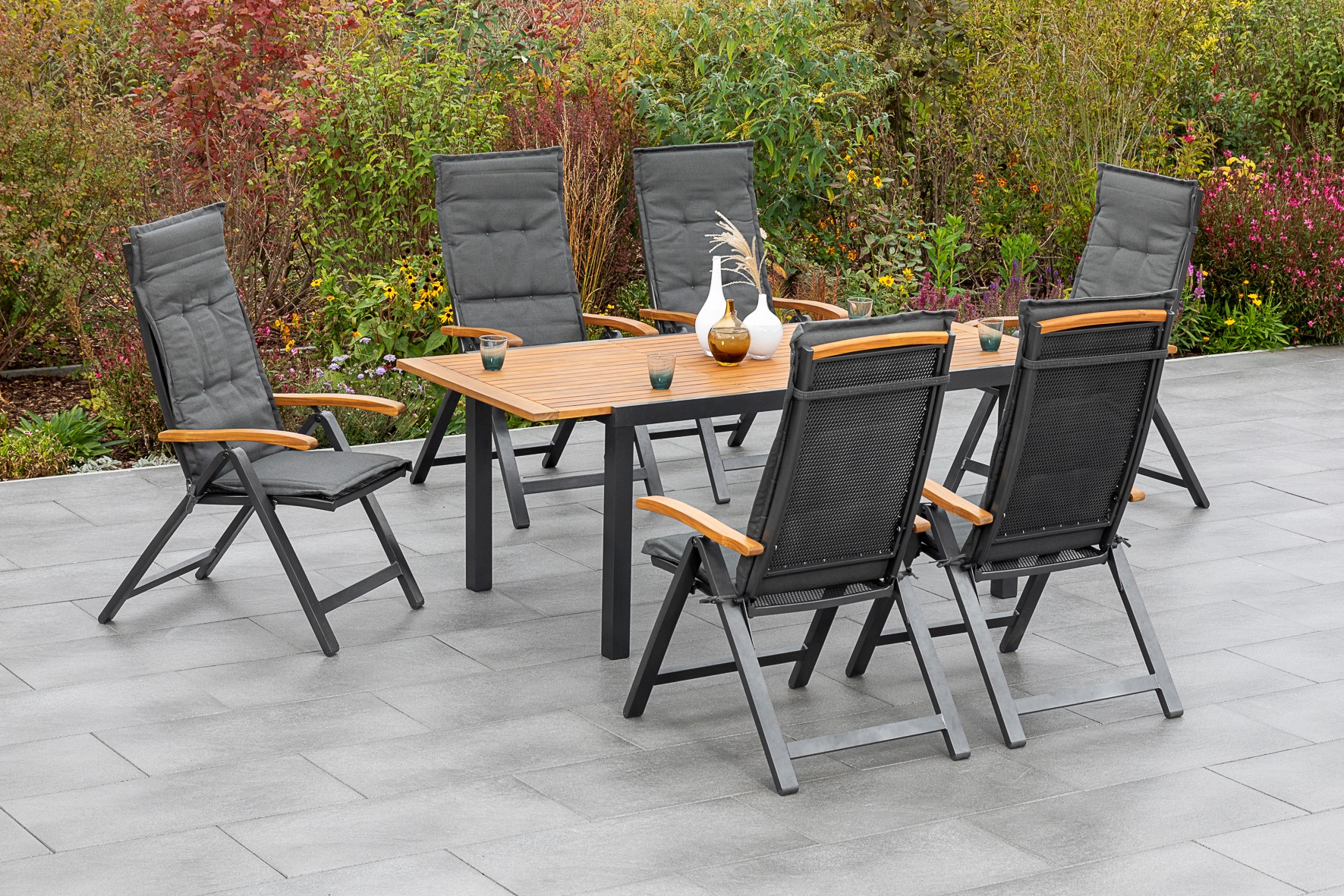 Tilos Set 13tlg., 6 Klappsessel, 6 Auflagen, Ausziehtisch 150 (200) x 90 cm