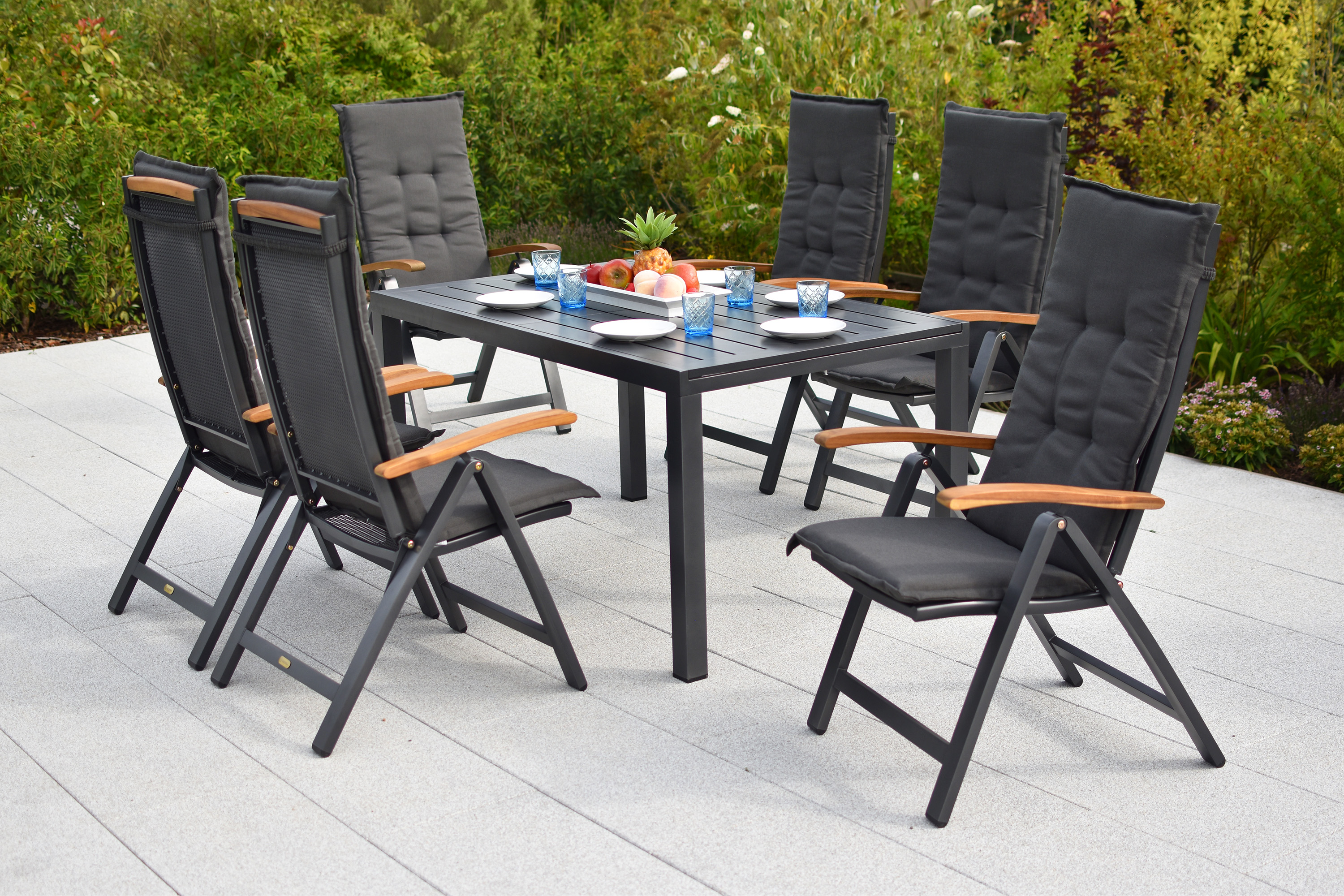 Tilos Gartenmöbel Set 13tlg., 6 Klappsessel, 6 Auflagen, Ausziehtisch 150 (200) x 90 cm, Aluminium/Akazie