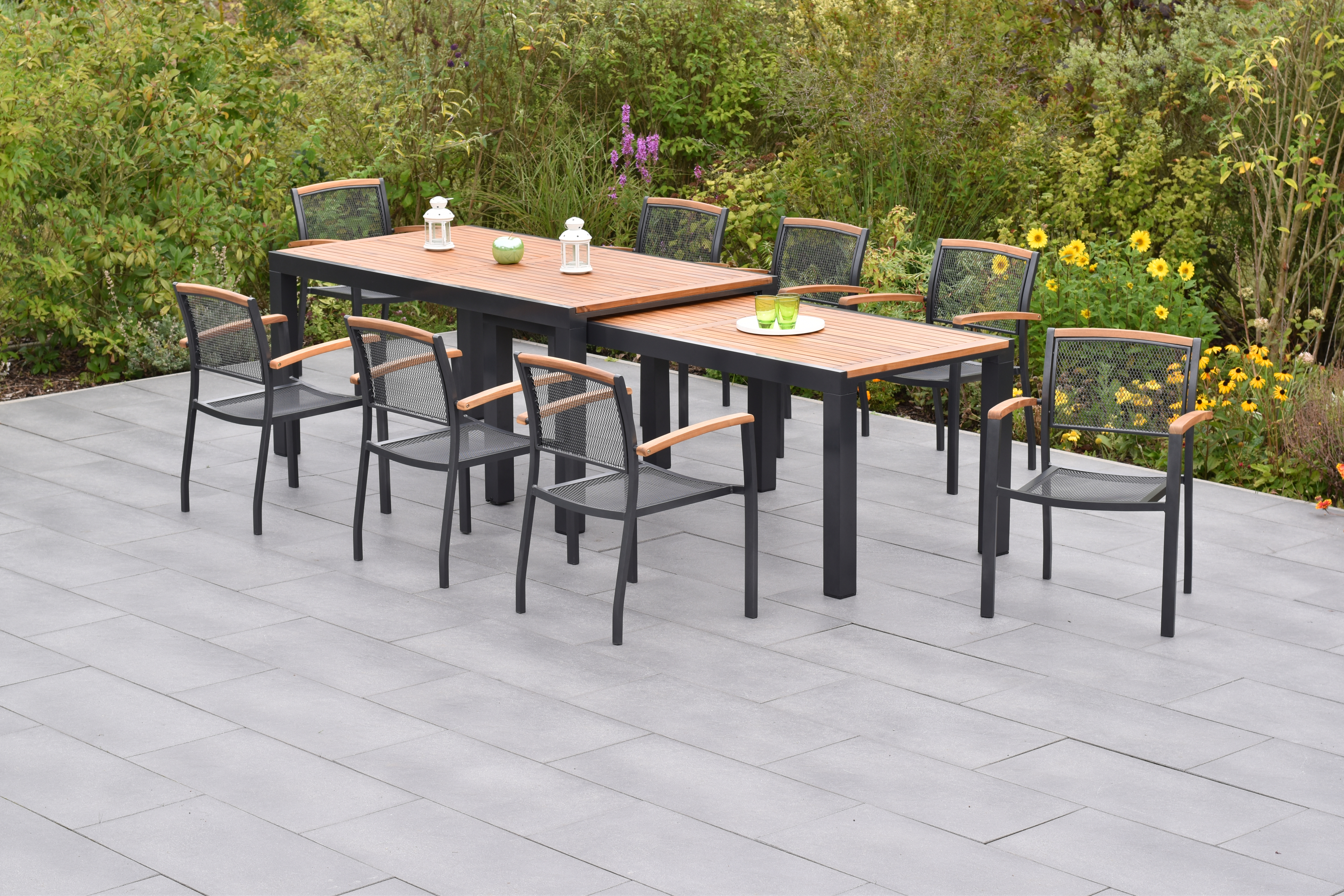 50795-217-1 Tilos Gartenmöbel Set 9tlg., 8 Stapelsessel & Flex Ausziehtisch