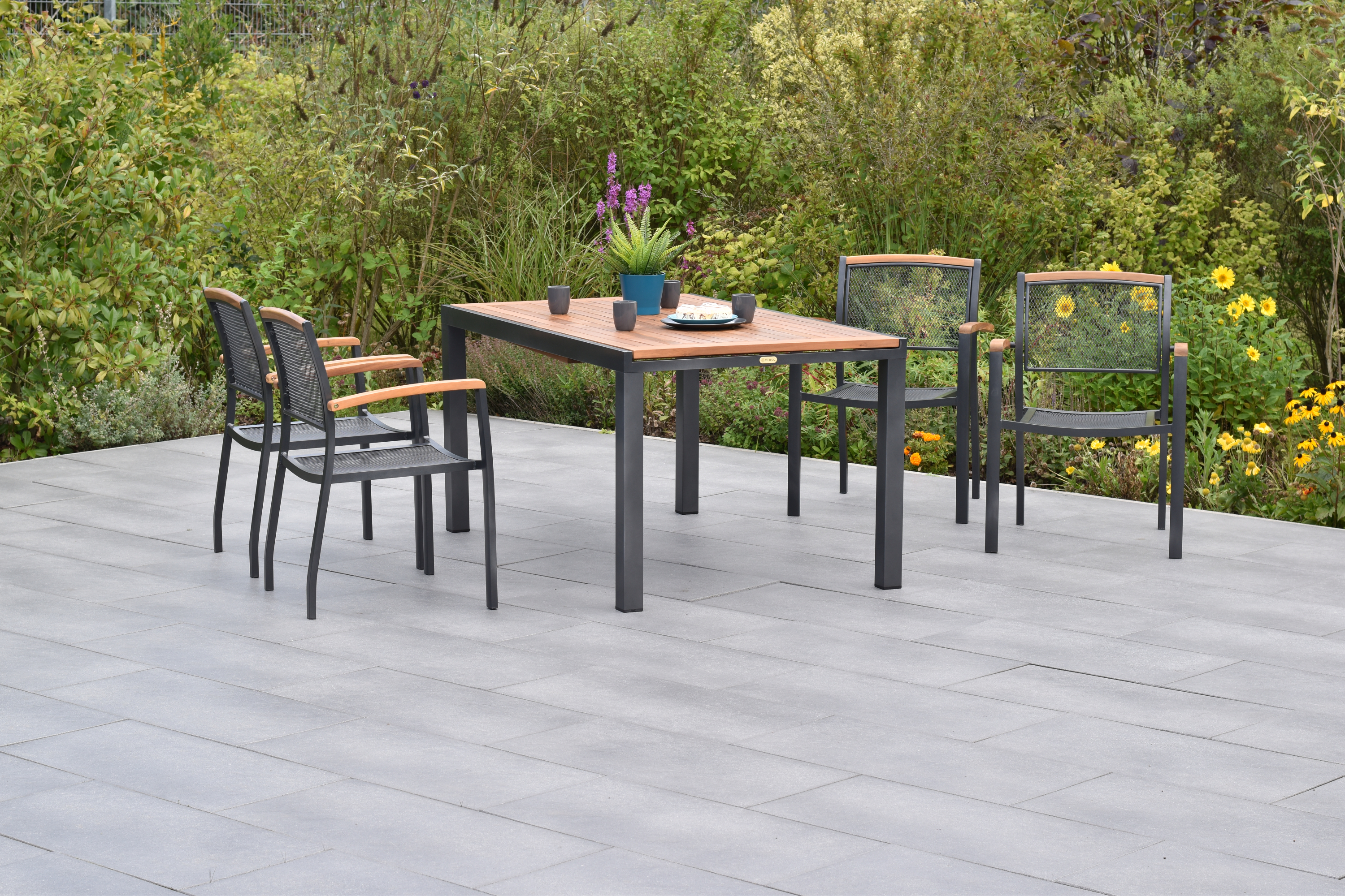 Tilos Set 5tlg., 4 Stapelsessel & Ausziehtisch