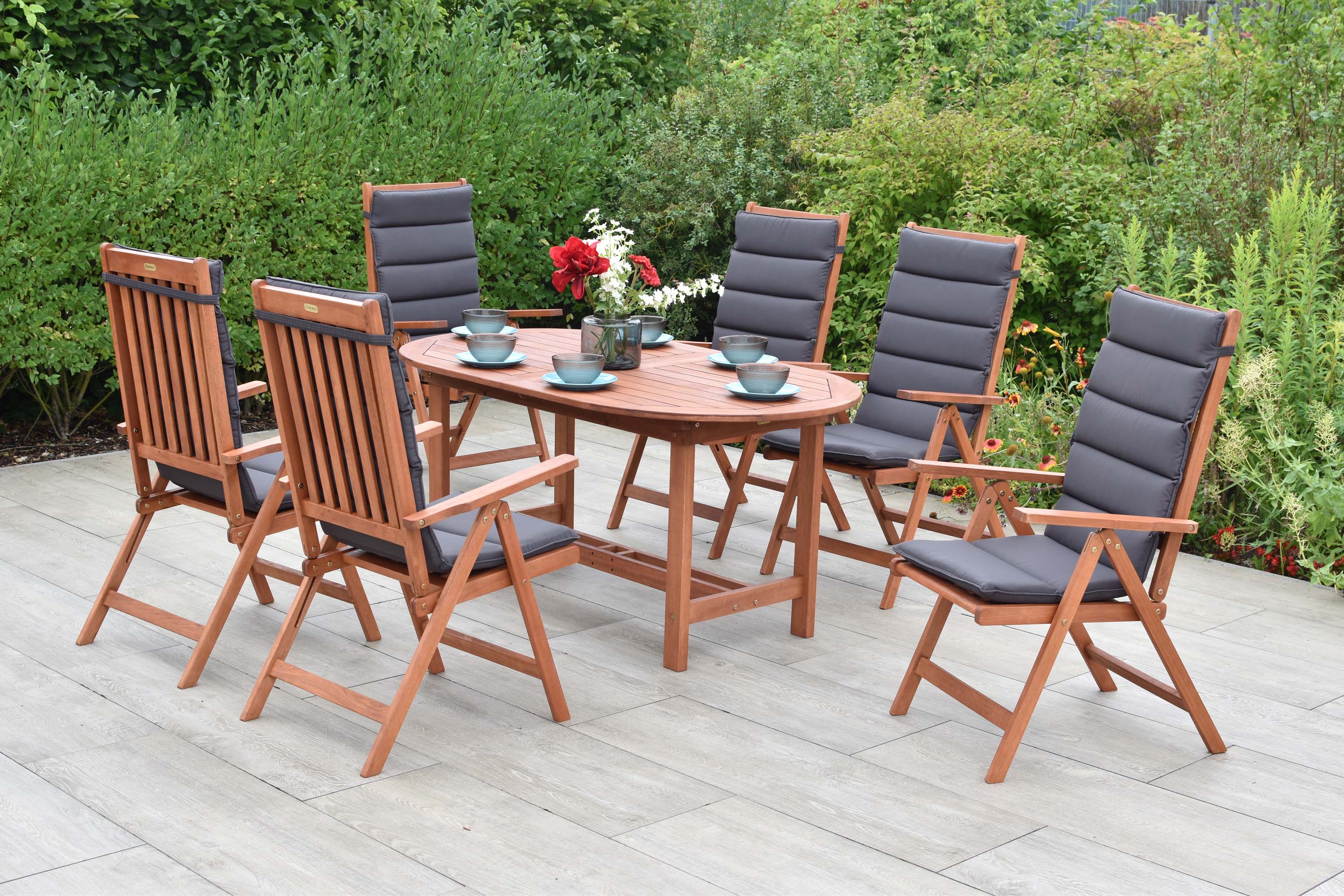 Vitoria Gartenmöbel Set 13tlg., 6 Klappsessel, 6 Auflagen, Ausziehtisch 160 (210) x 90 cm