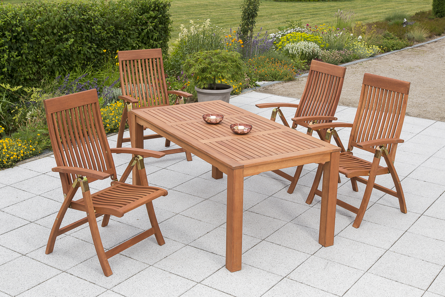 Comodoro Gartenmöbel Set 9tlg., 4 Klappsessel, 4 Auflagen, Tisch 170 x 90 cm