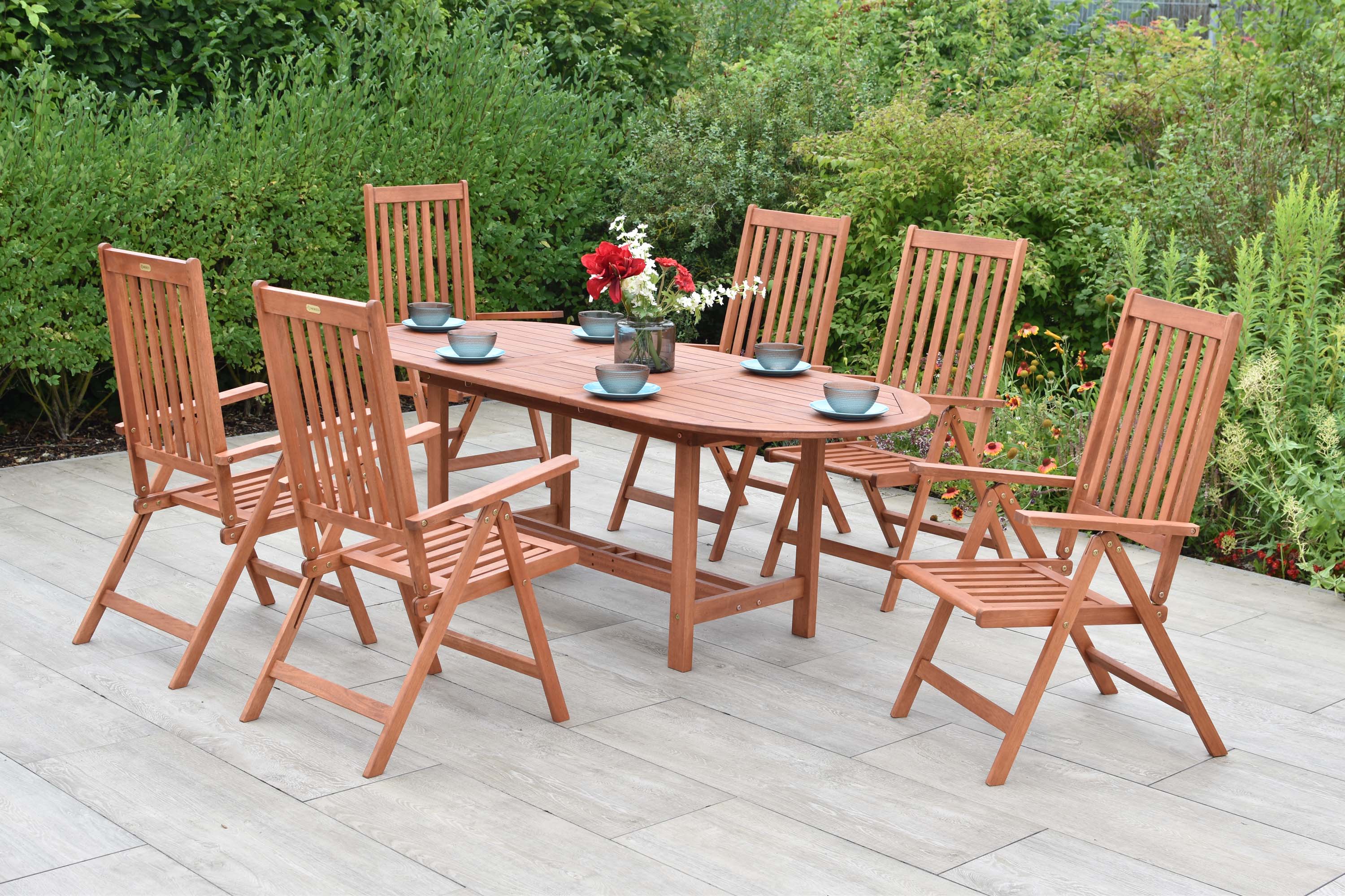 Vitoria Gartenmöbel Set 7tlg., 6 Klappsessel, Ausziehtisch 160 (210) x 90 cm