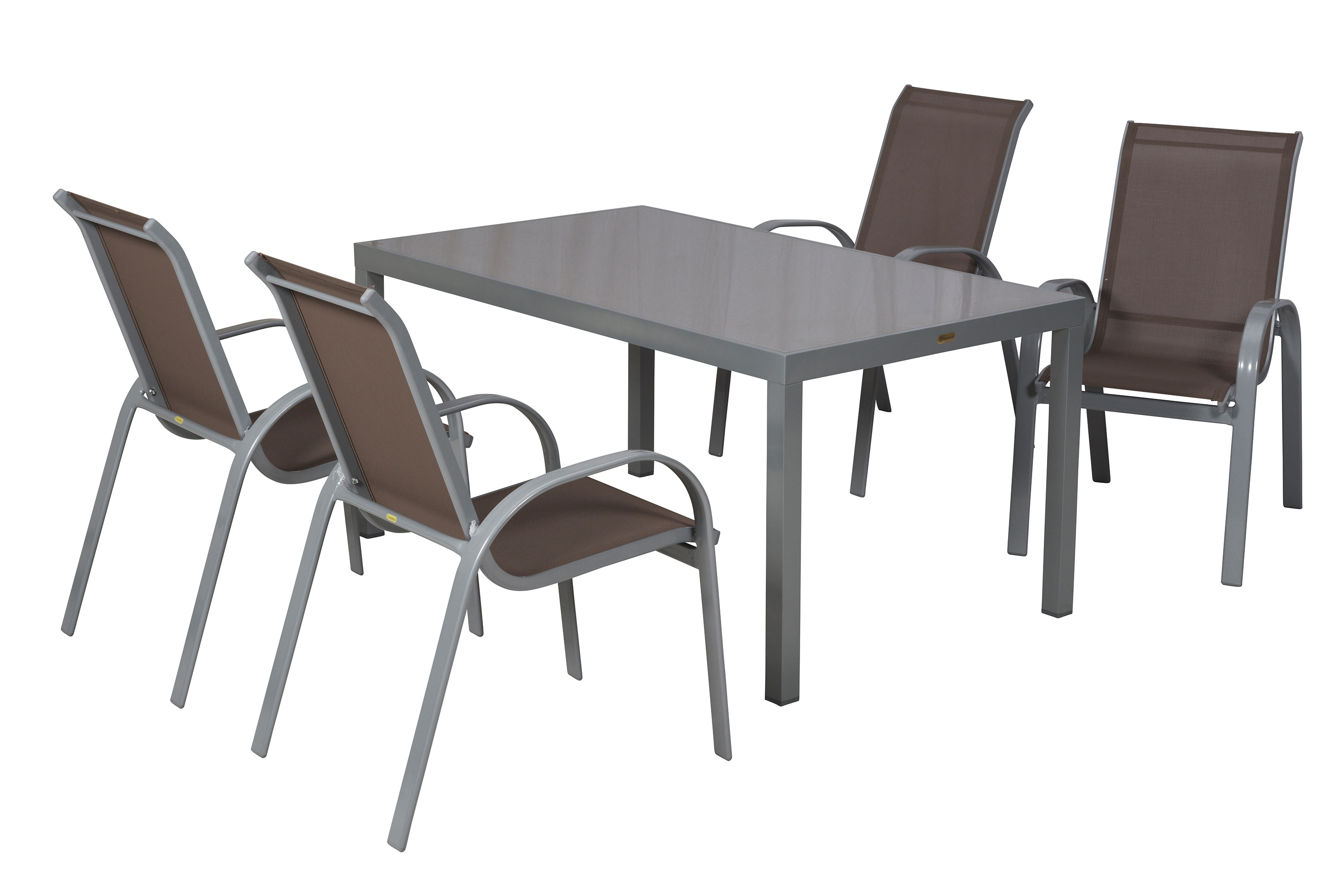 Amalfi Gartenmöbel Set 5tlg., 4 Stapelsessel, Tisch 150 x 90 cm, taupe, Aluminium/Textil