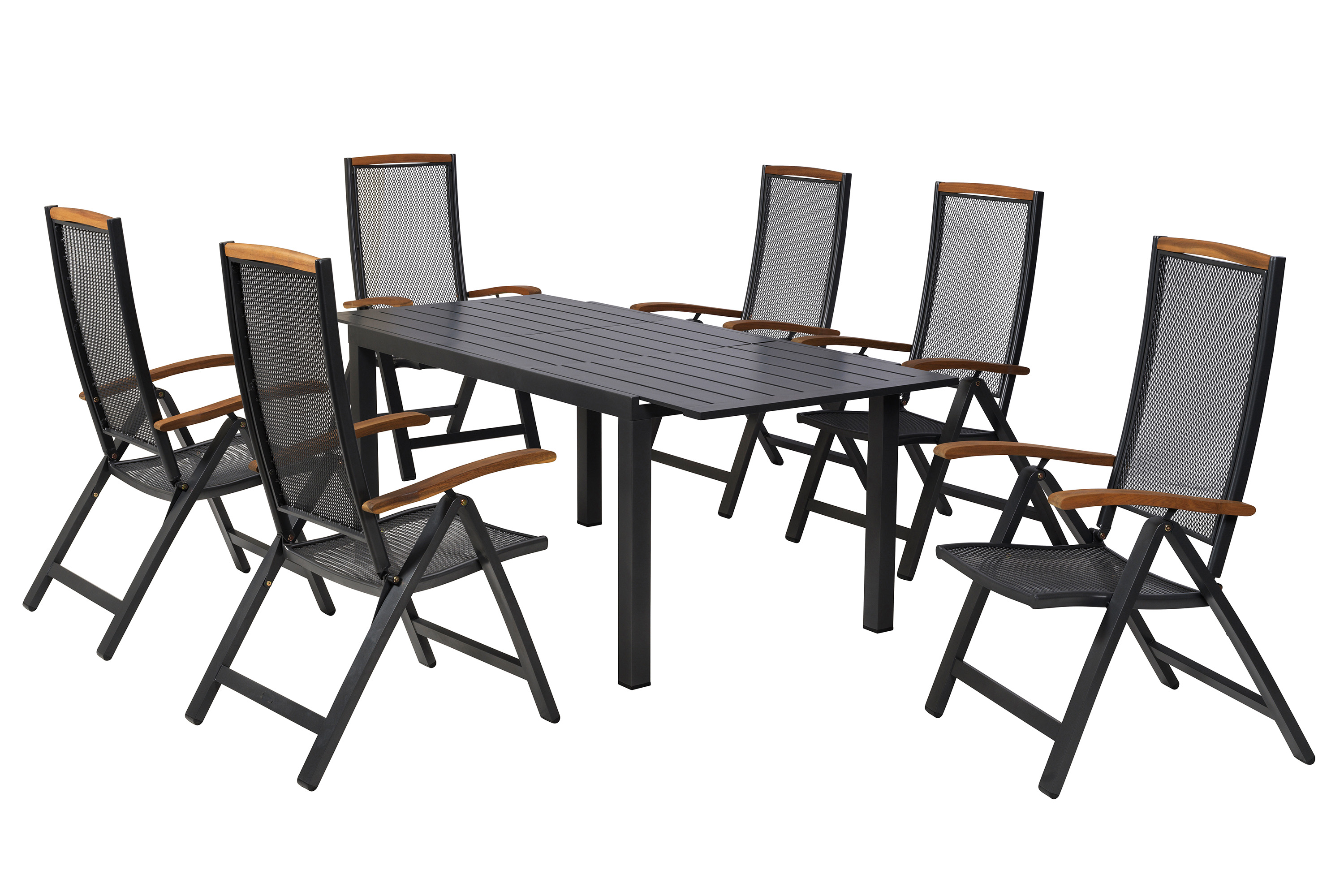 Tilos Gartenmöbel Set 7tlg., 6 Klappsessel, Ausziehtisch 150 (200) x 90 cm, Aluminium/Akazie