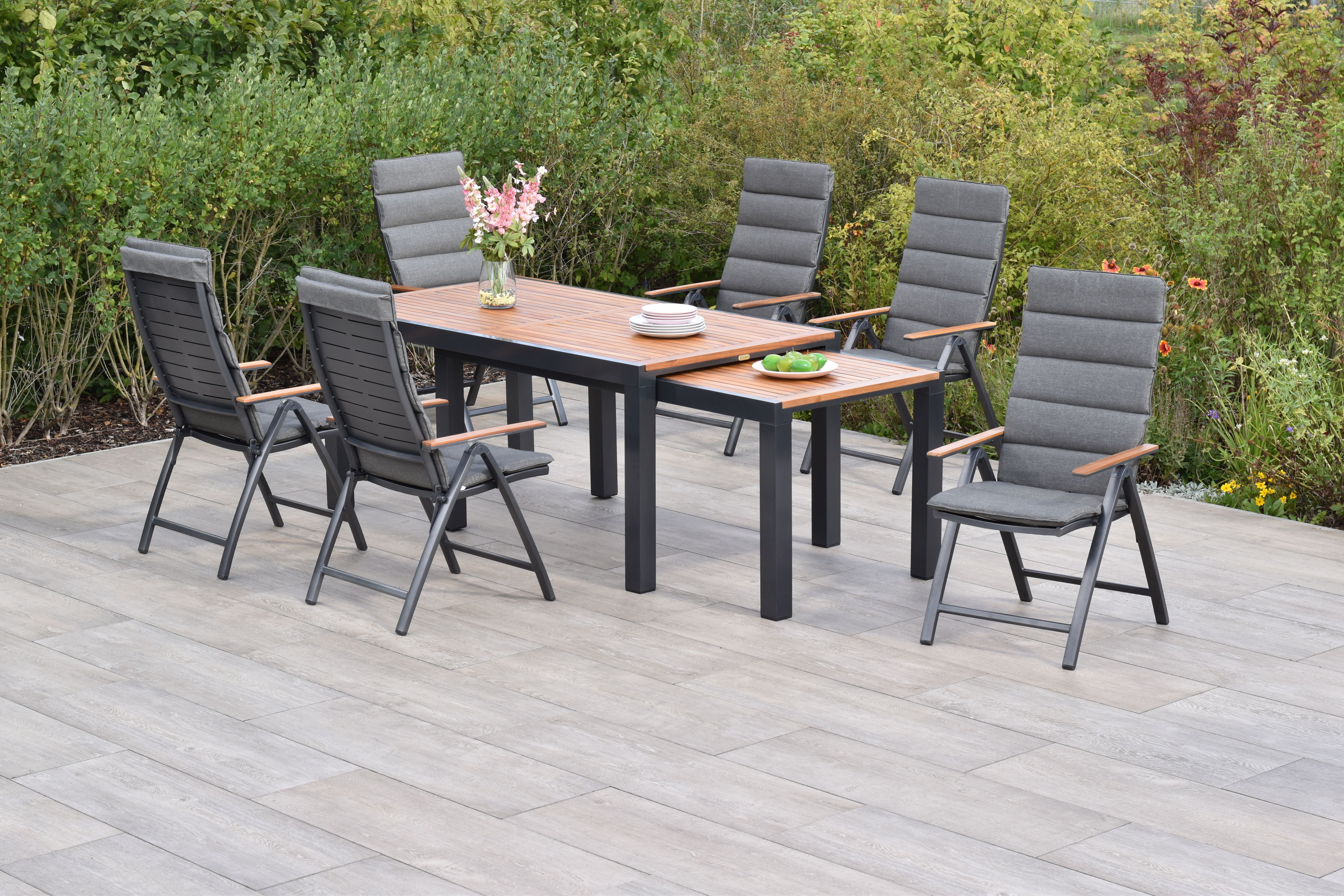 Tinos Gartenmöbel Set 13tlg., Klappsessel & Flex Ausziehtisch