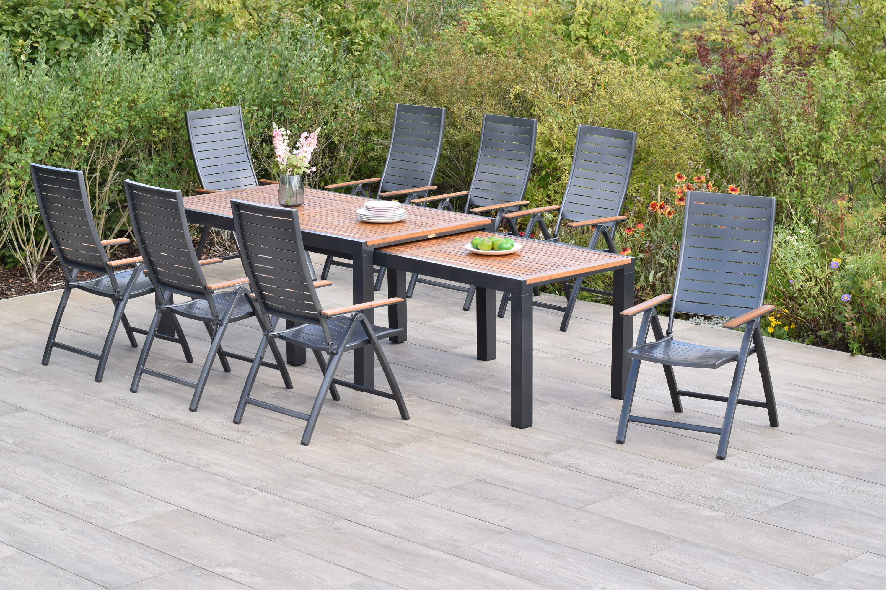 Tinos Gartenmöbel Set 9tlg., Klappsessel & Flex Ausziehtisch