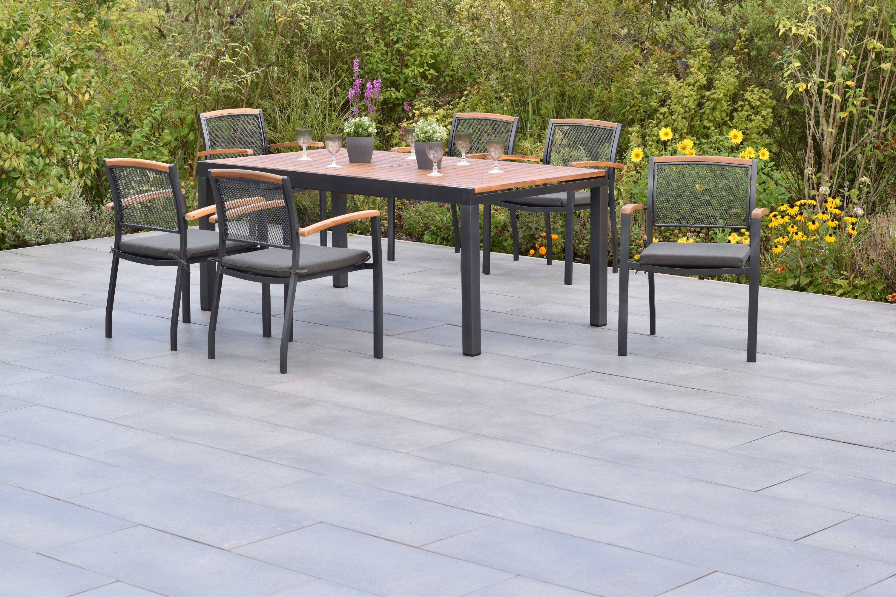 50797-800-3 Tilos Set 13tlg., 6 Stapelsessel, 6 Auflagen, Ausziehtisch 180 (250) x 100 cm