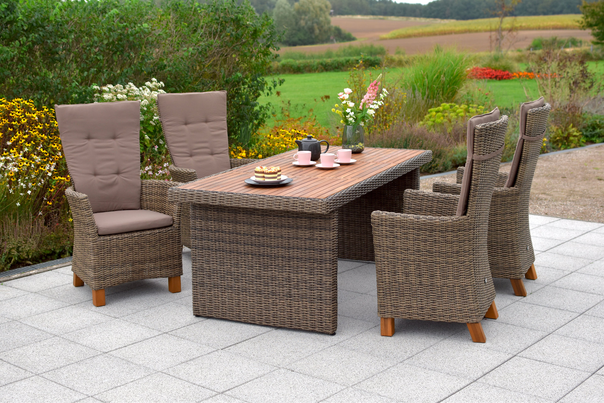 Toskana Gartenmöbel Set 5tlg., Geflechttisch, natur