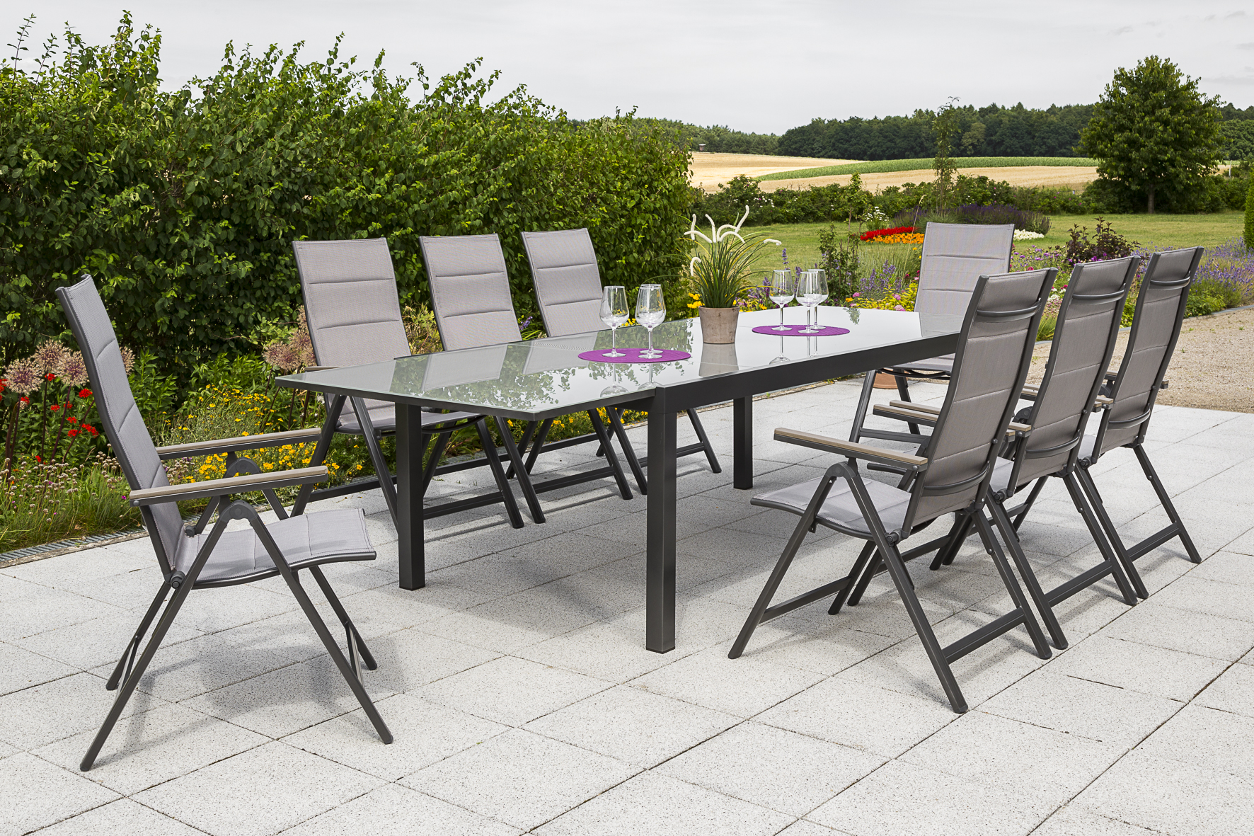 Trivero Gartenmöbel Set 9tlg., Klappsessel & Semi Ausziehtisch