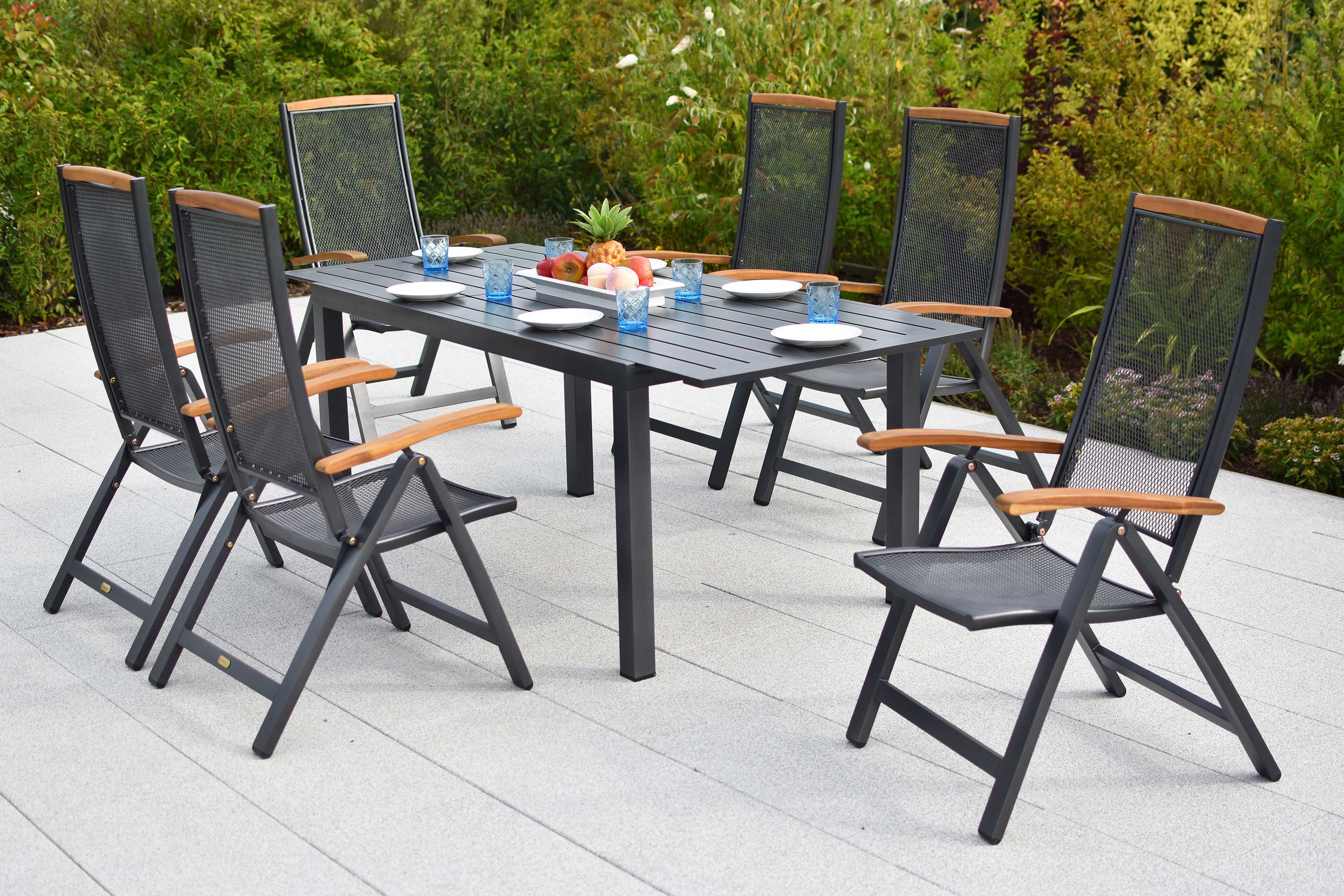 Tilos Gartenmöbel Set 7tlg., 6 Klappsessel, Ausziehtisch 150 (200) x 90 cm, Aluminium/Akazie