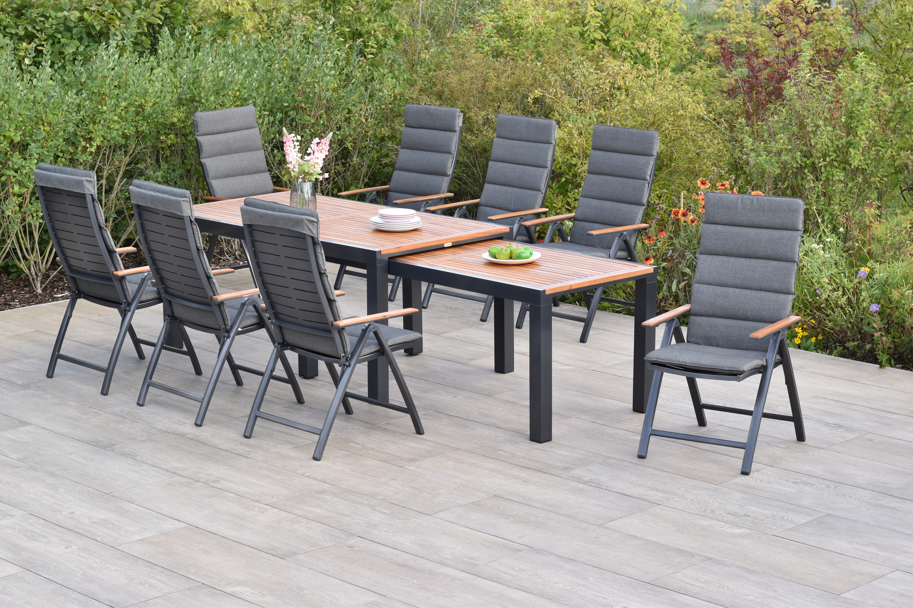 Tinos Gartenmöbel Set 17tlg., Klappsessel & Flex Ausziehtisch