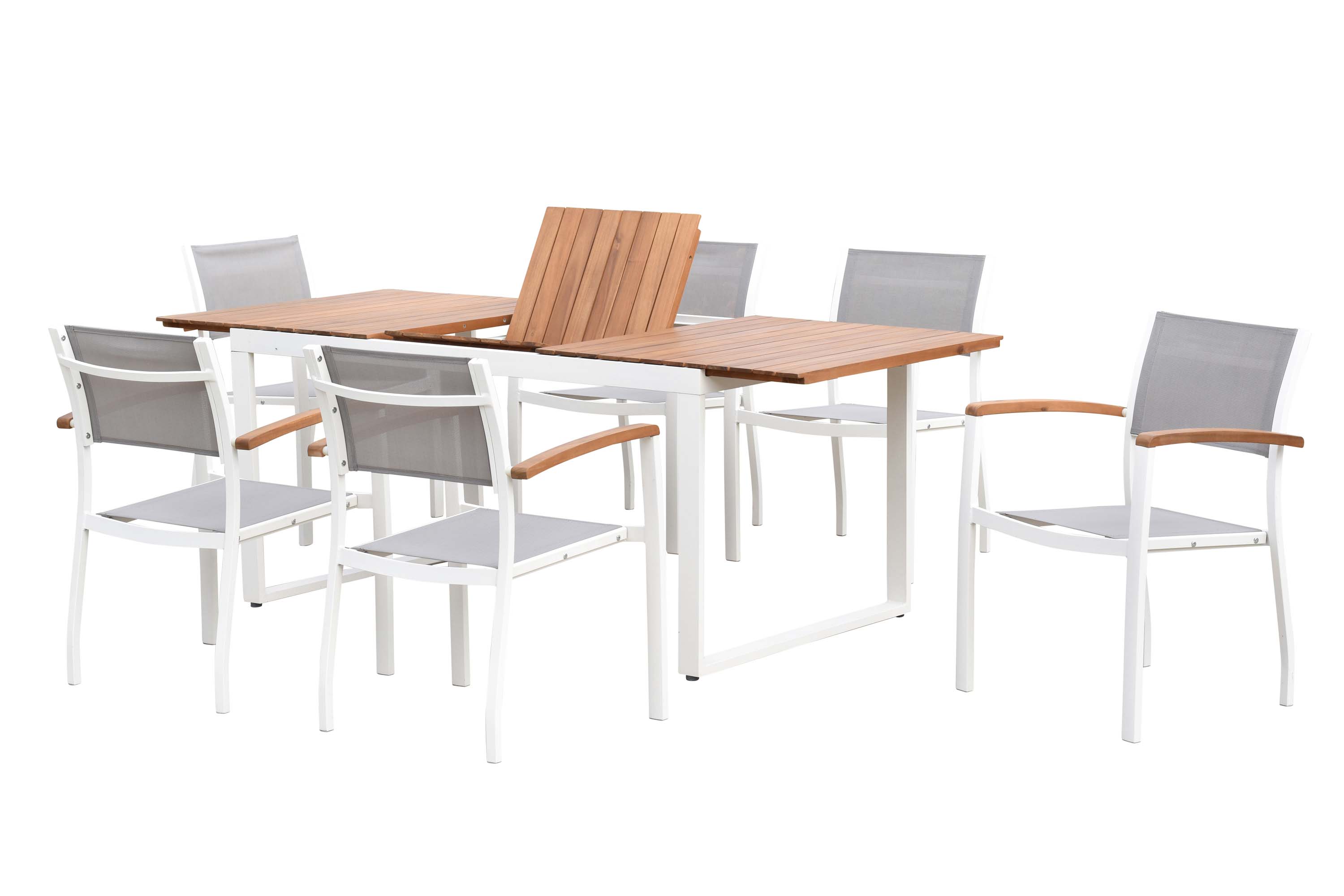 Naxos Gartenmöbel Set 7tlg., 6 Stapelsessel, Ausziehtisch 150 (200) x 90 cm, weiß