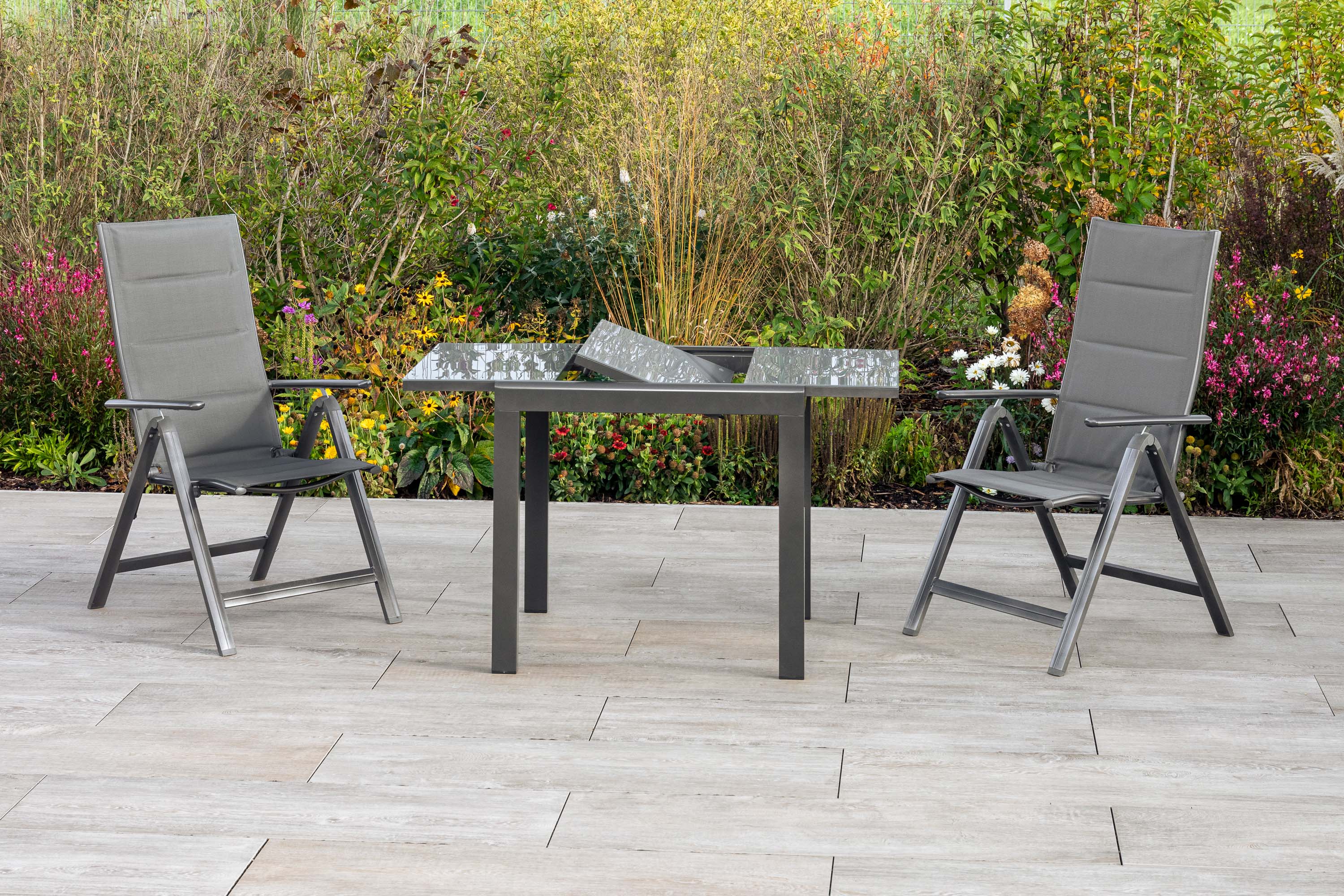 Taviano Gartenmöbel Set 3tlg., 2 Klappsessel, Balkonausziehtisch 80 (120) x 70 cm