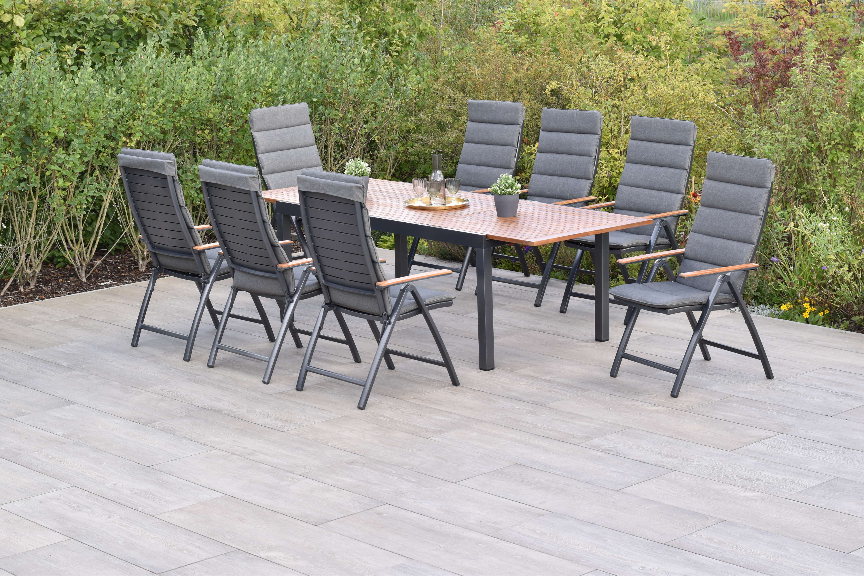 Tinos Gartenmöbel Set 17tlg., Klappsessel & 180 (250) x 100 cm