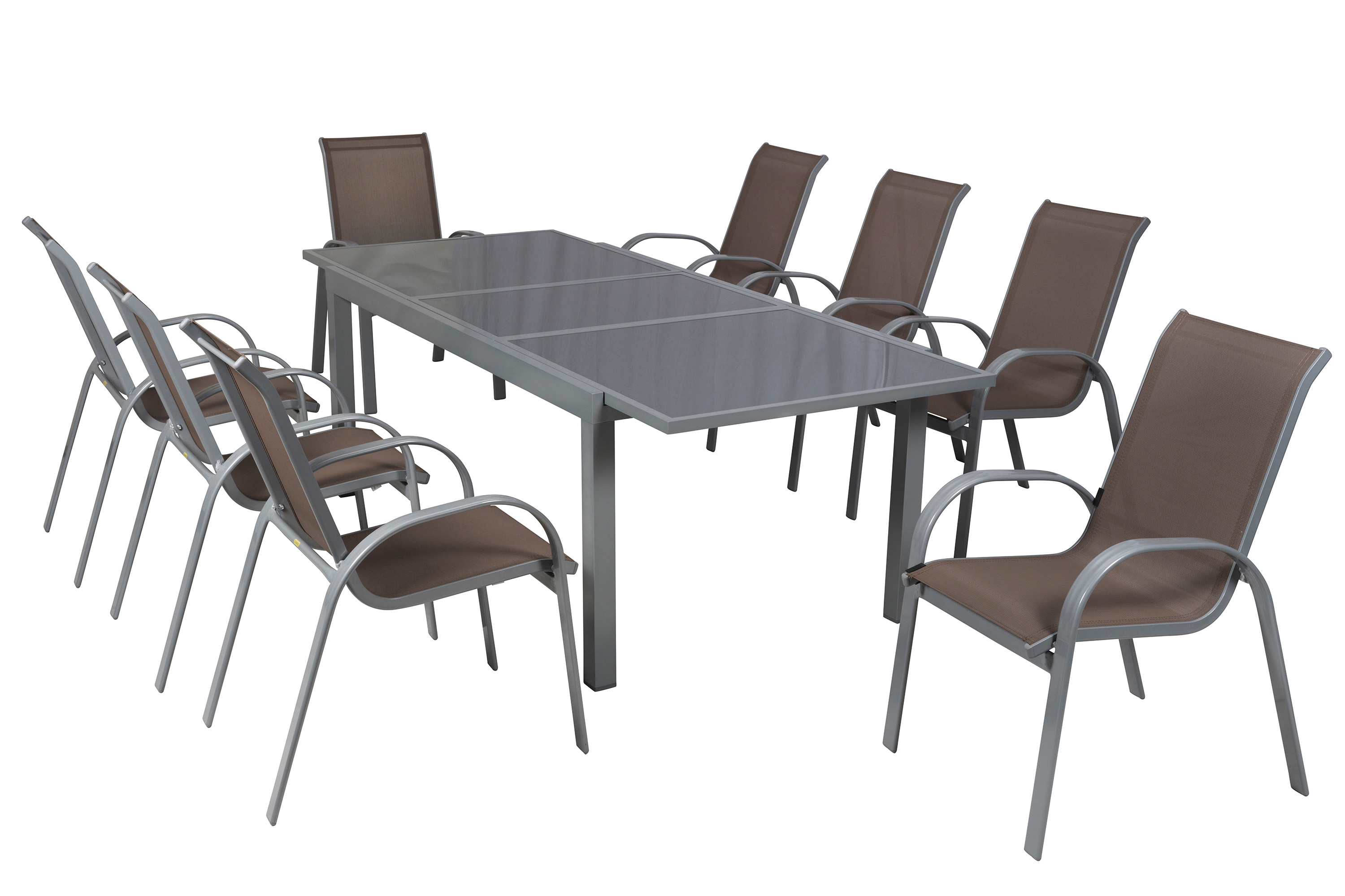 Amalfi Gartenmöbel Set 9tlg., 8 Stapelsessel, Ausziehtisch 180 (240) x 100 cm, taupe, Aluminium/Textil