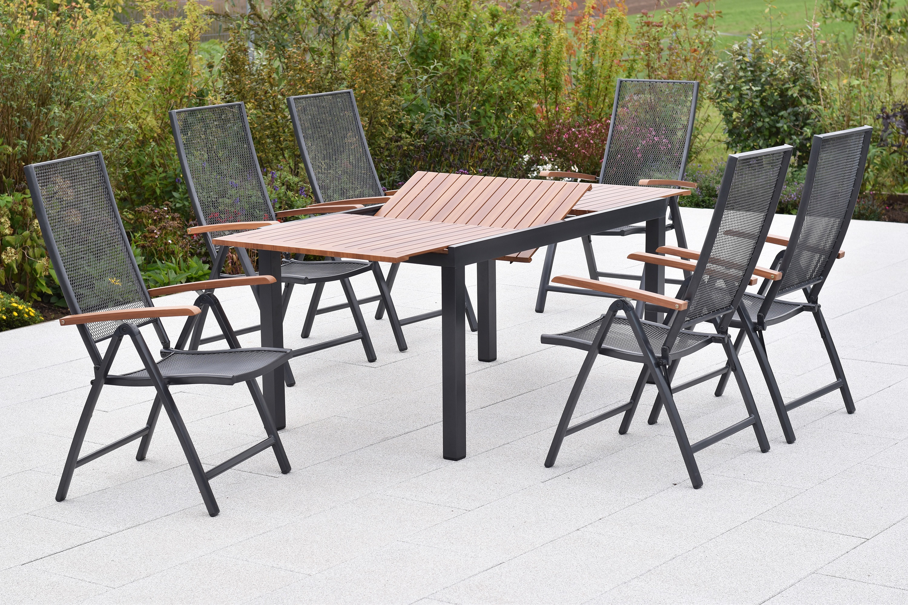 Thasos Gartenmöbel Set 7tlg., 6 Klappsessel, Ausziehtisch 150 (200 ) x 90 cm, Aluminium