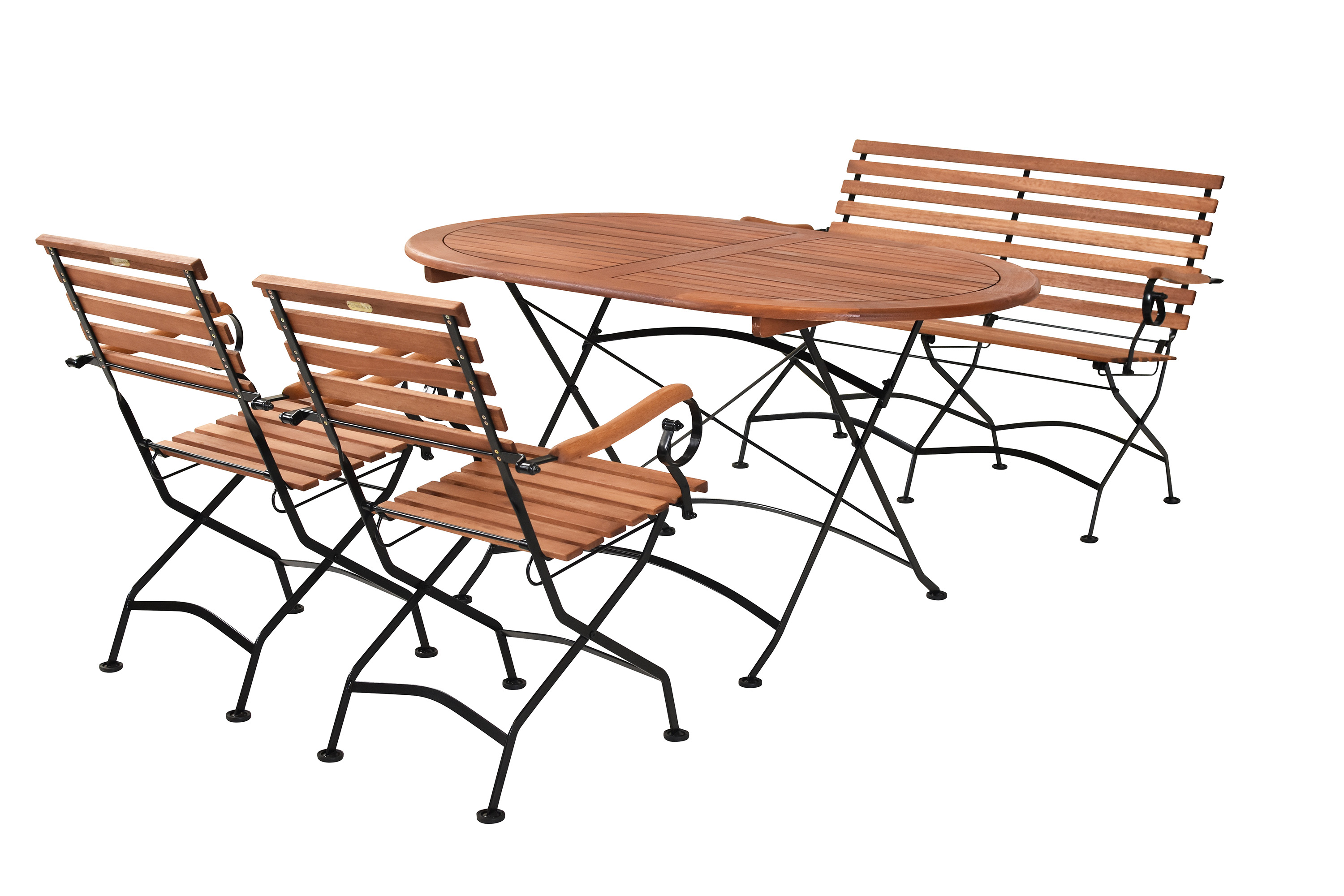 Schlossgarten Gartenmöbel Set 4tlg., 2 Klappsessel, Klappbank, Klapptisch 140 x 90cm, Flachstahl/Eukalyptus