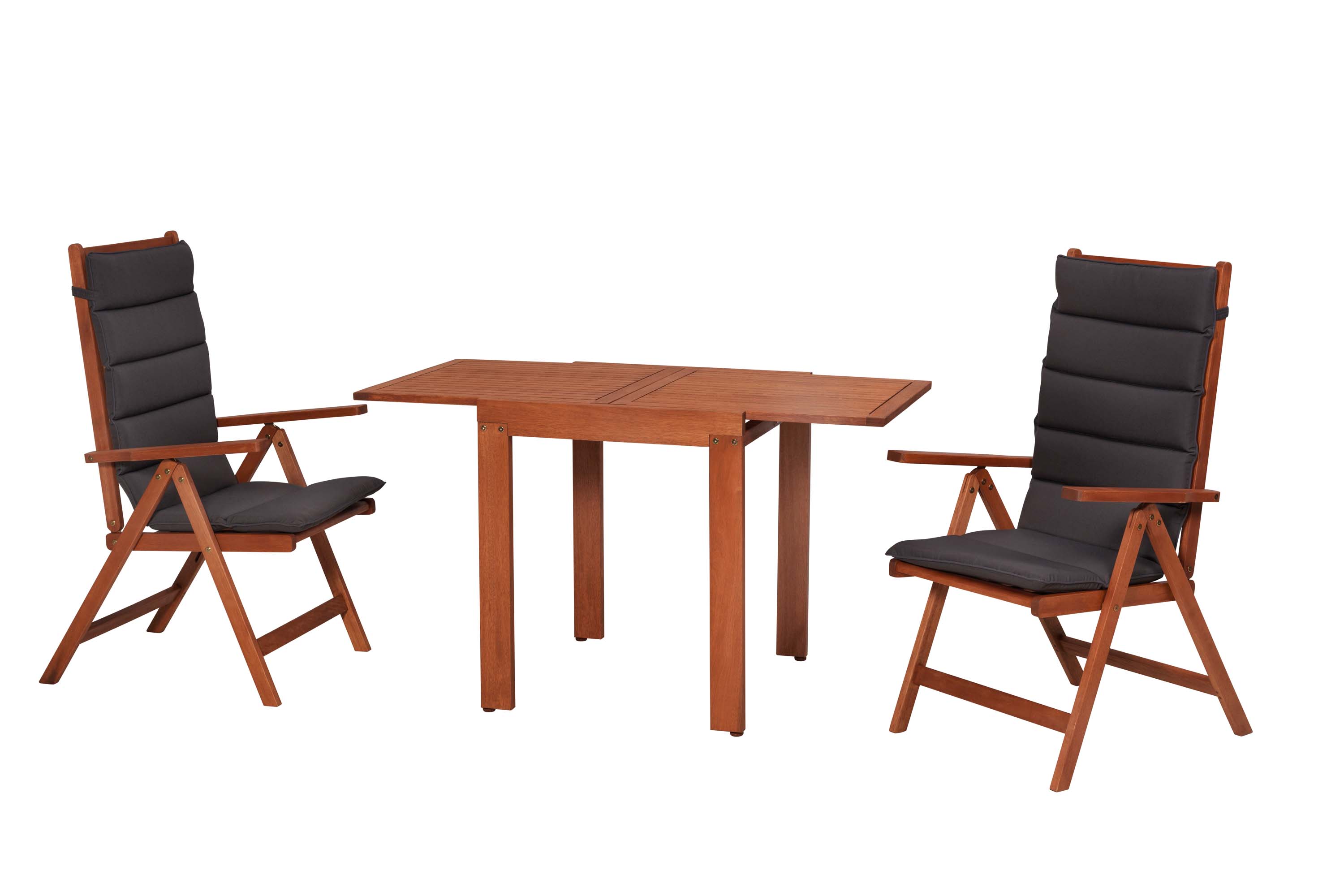 Vitoria Gartenmöbel Set 5tlg., 2 Klappsessel, 2 graue Auflagen, Balkonausziehtisch