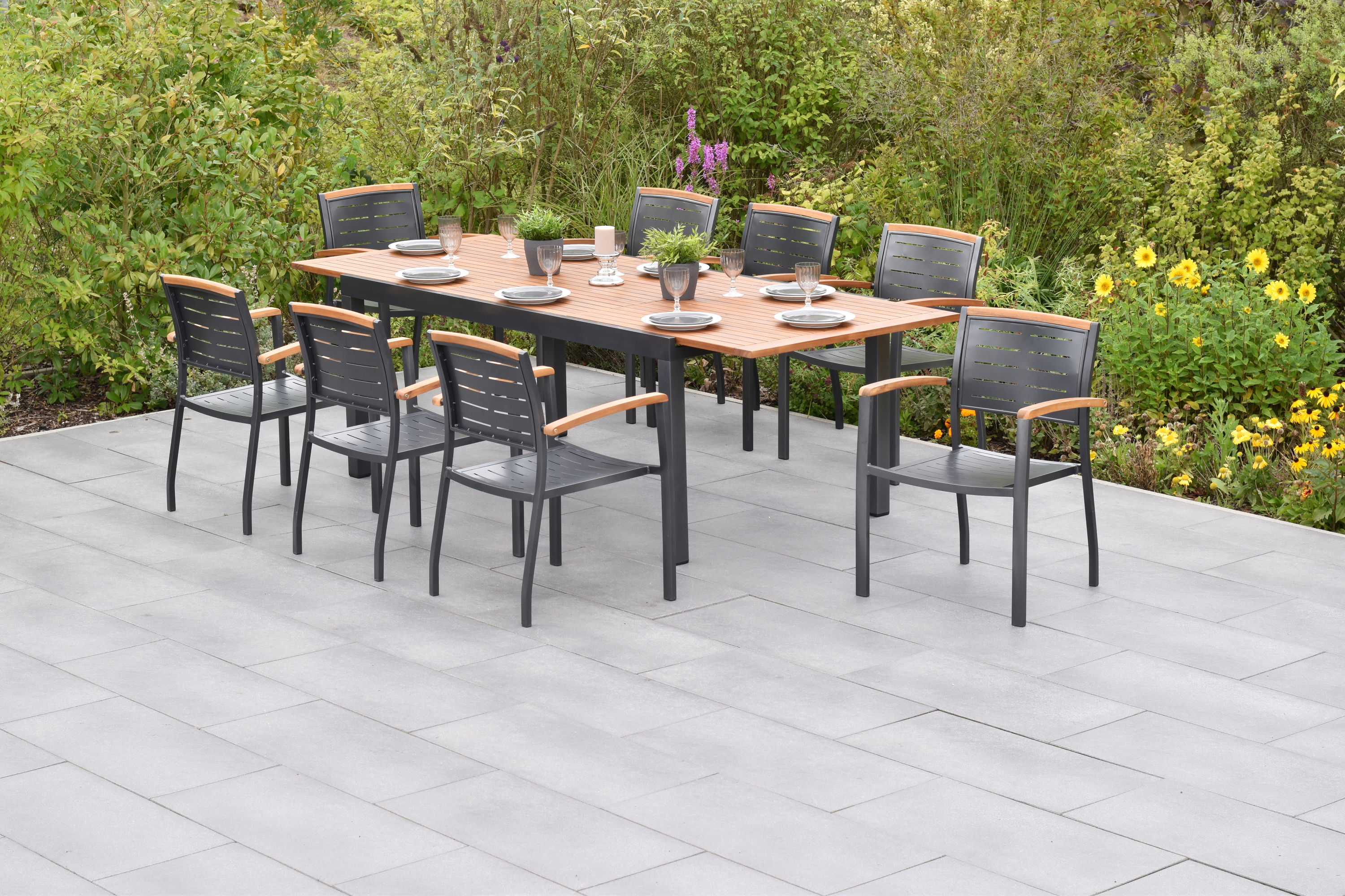 50816-217-1 Tinos Set 9tlg., Stapelsessel & 180 (250) x 100 cm