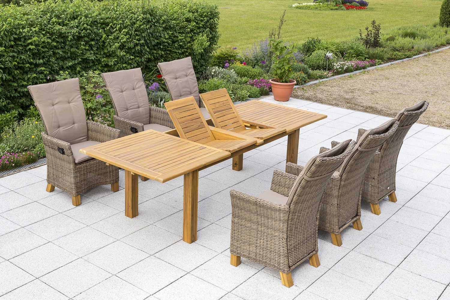 Toskana Gartenmöbel Set 7tlg., Gasdruck, Doppelausziehtisch, natur