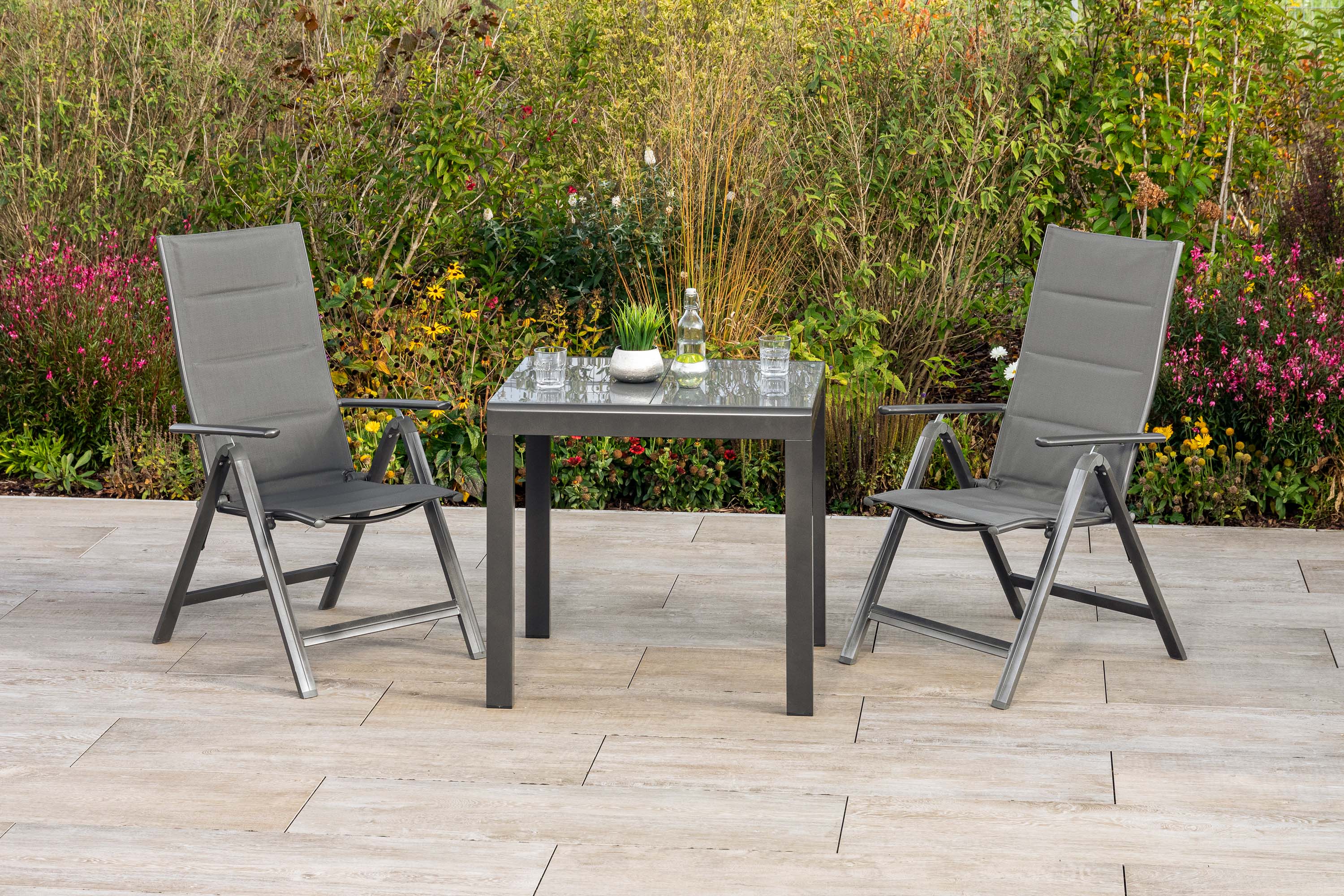 Taviano Gartenmöbel Set 3tlg., 2 Klappsessel, Balkonausziehtisch 80 (120) x 70 cm