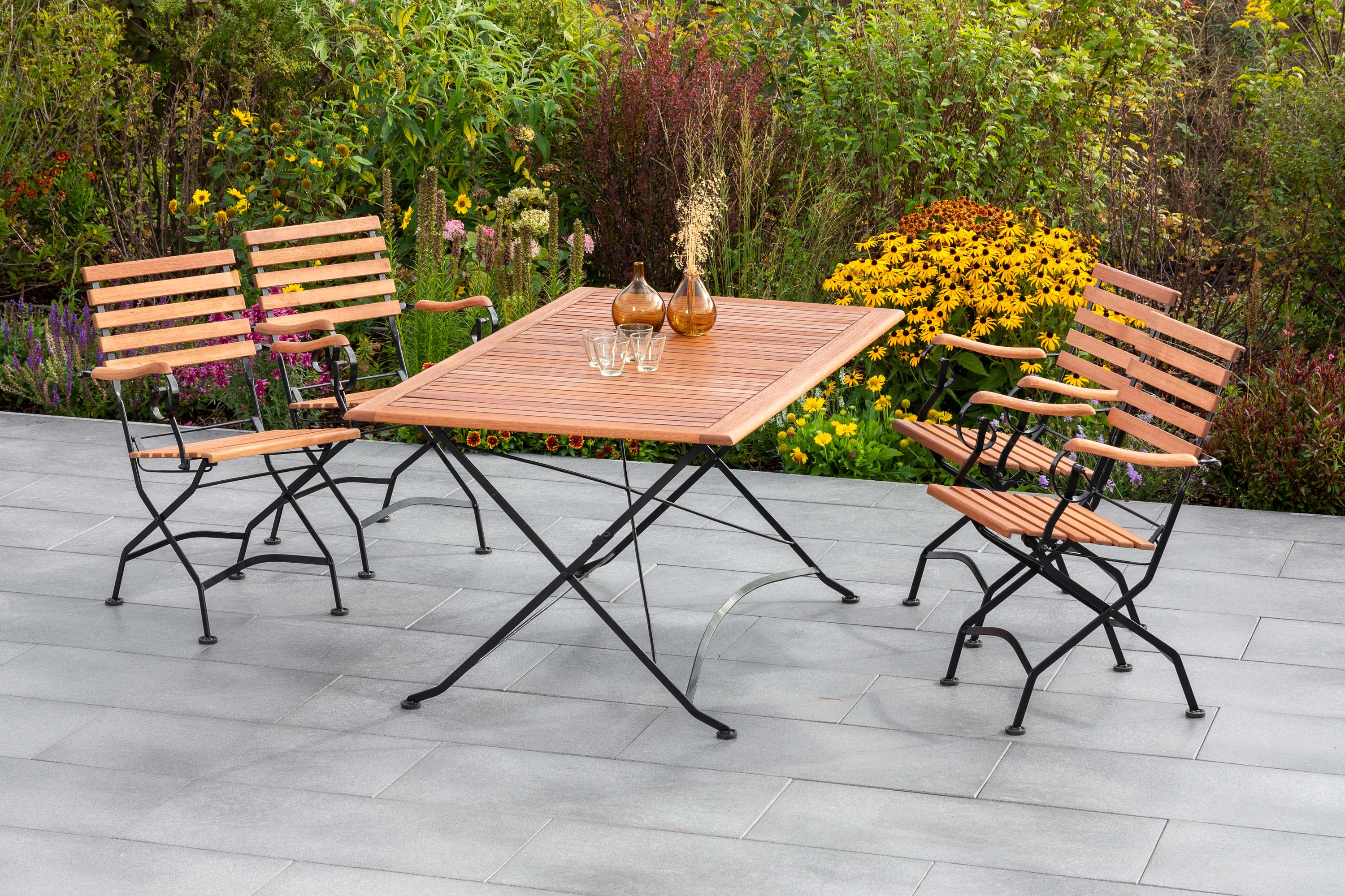 Schlossgarten Gartenmöbel Set 5tlg., 4 Klappsessel, Klapptisch 160 x 90 cm, Flachstahl/Eukalyptus