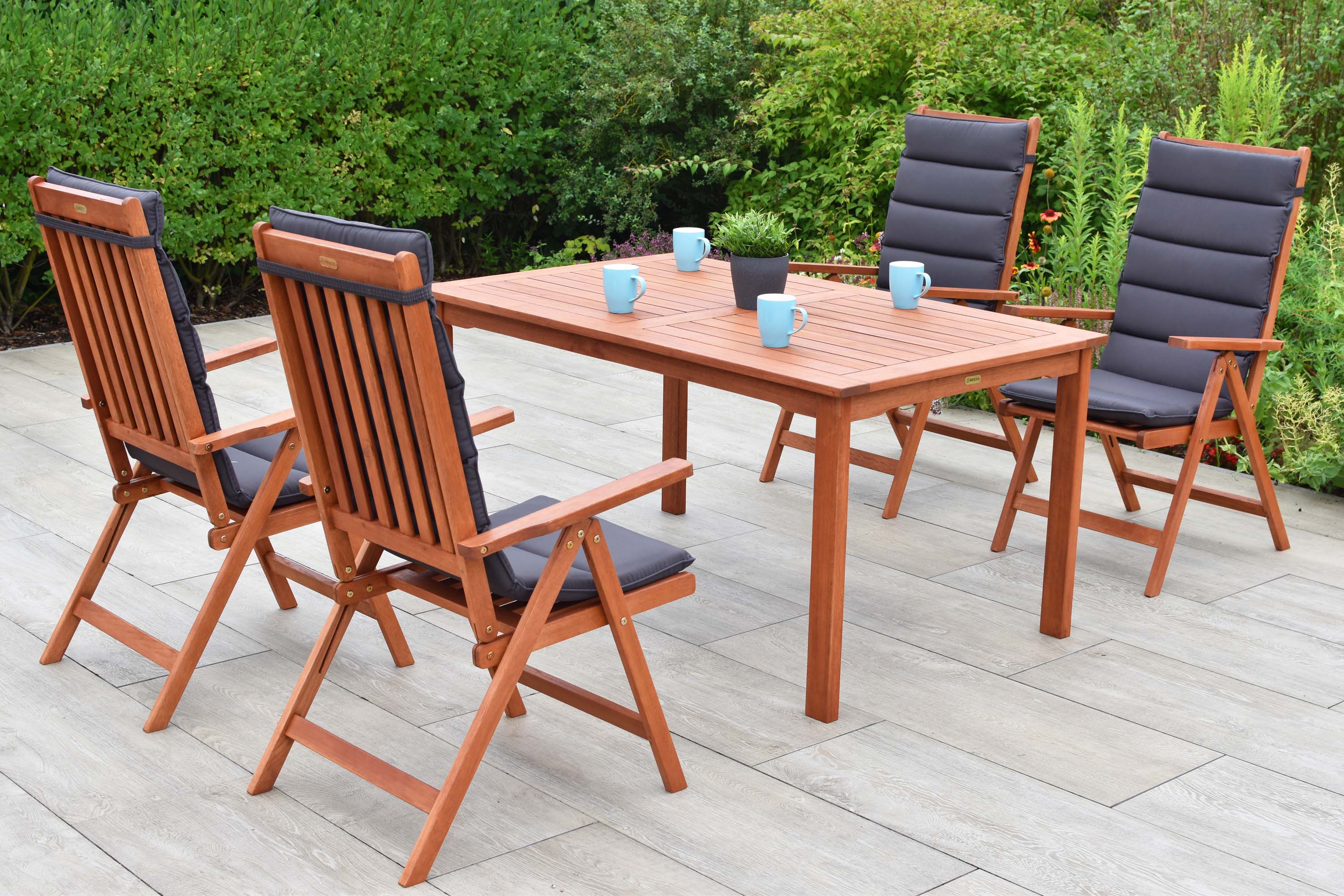Vitoria Gartenmöbel Set 9tlg., 4 Klappsessel, 4 Auflagen, Tisch 150 x 90 cm