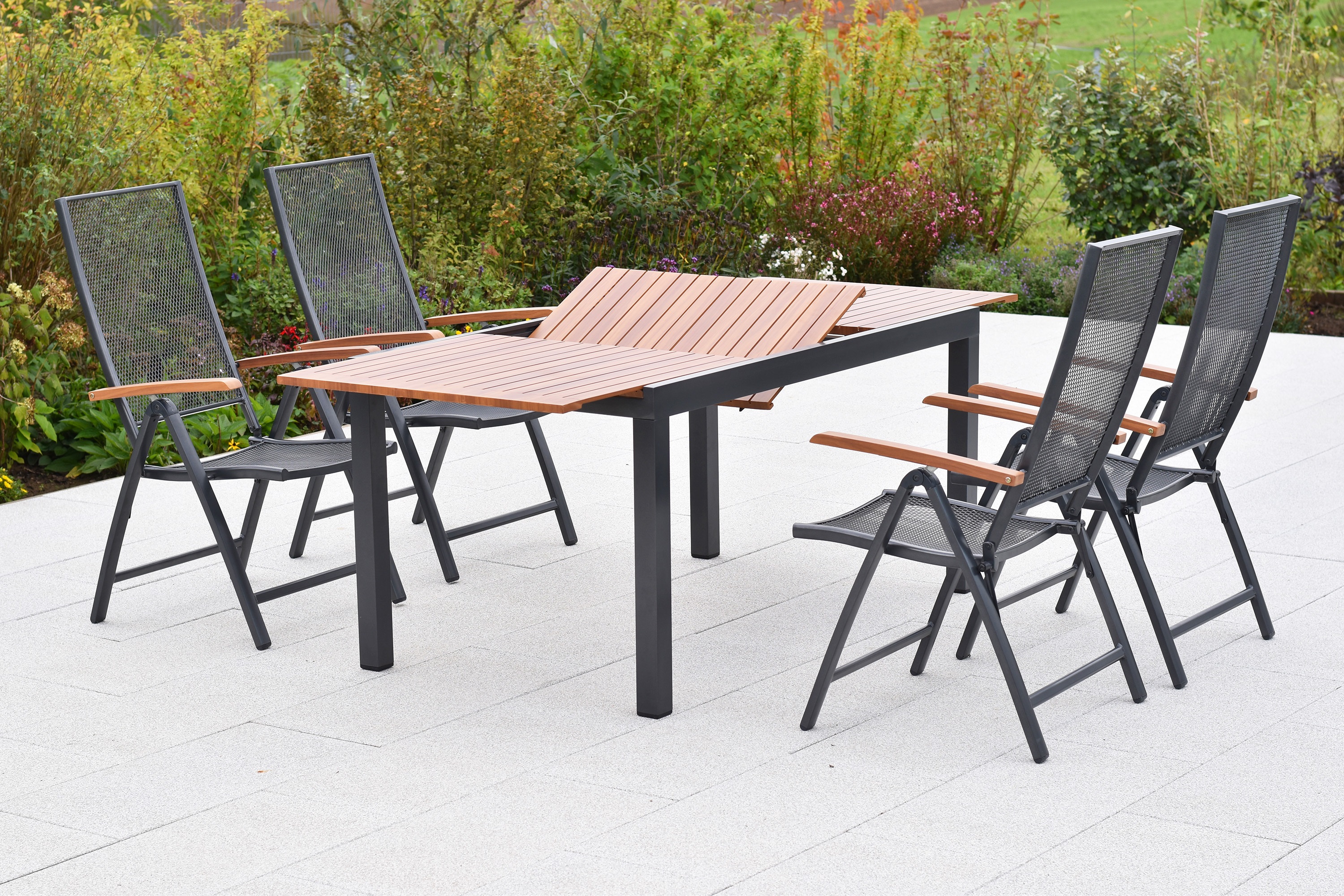 Thasos Gartenmöbel Set 5tlg., 4 Klappsessel, Ausziehtisch 150 (200 ) x 90 cm, Aluminium