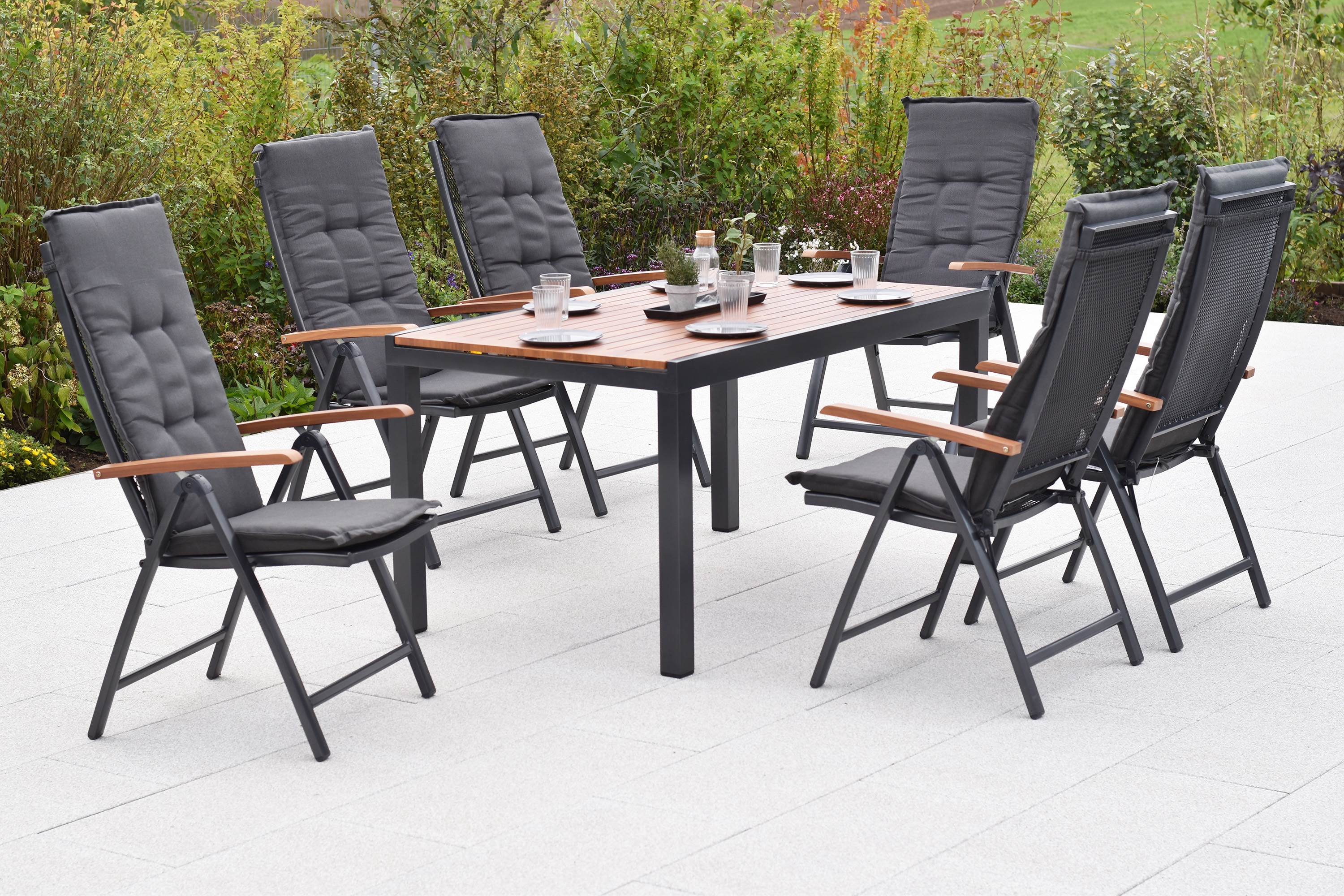 Thasos Gartenmöbel Set 13tlg., 6 Klappsessel, 6 Auflagen, Ausziehtisch 150 (200 ) x 90 cm, Aluminium