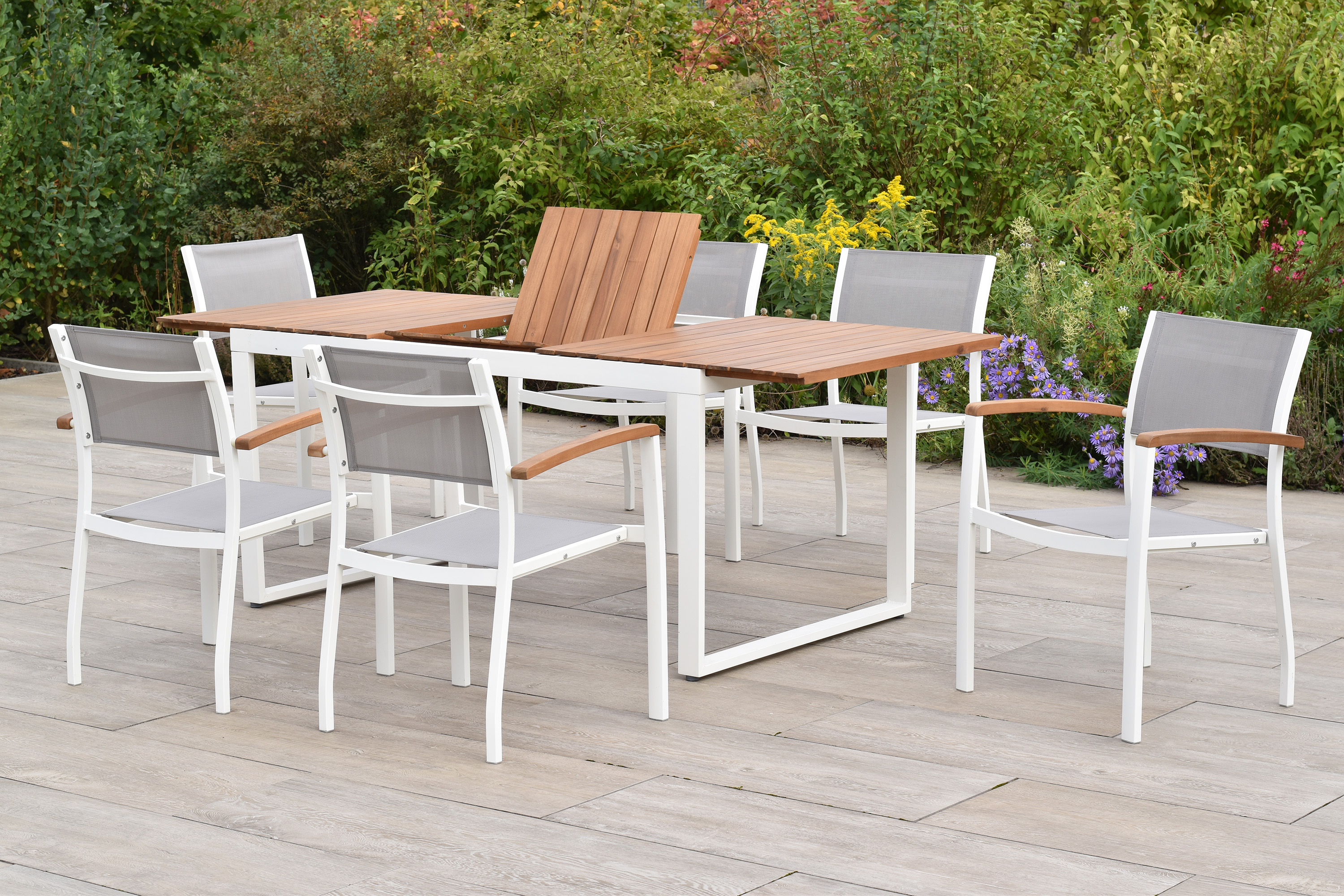 Naxos Gartenmöbel Set 7tlg., 6 Stapelsessel, Ausziehtisch 150 (200) x 90 cm, weiß