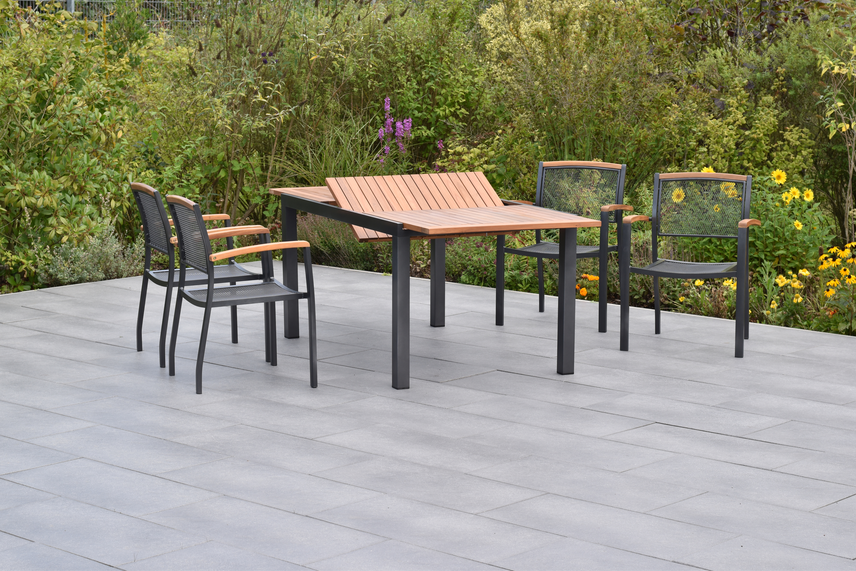 Tilos Set 9tlg., 4 Stapelsessel, 4 Auflagen, Ausziehtisch 150 (200) x 90 cm