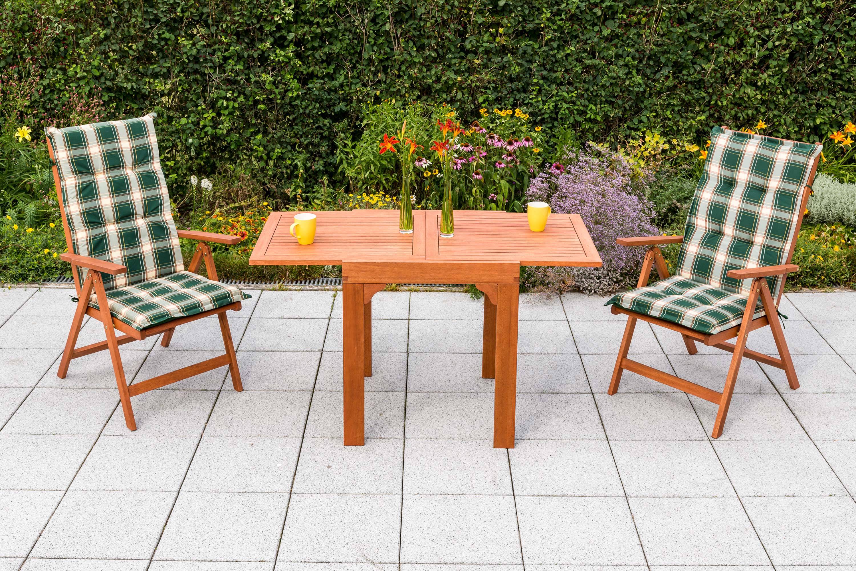 Vitoria Gartenmöbel Set 5tlg., 2 Klappsessel, 2 Wendeauflagen grün, Balkonausziehtisch