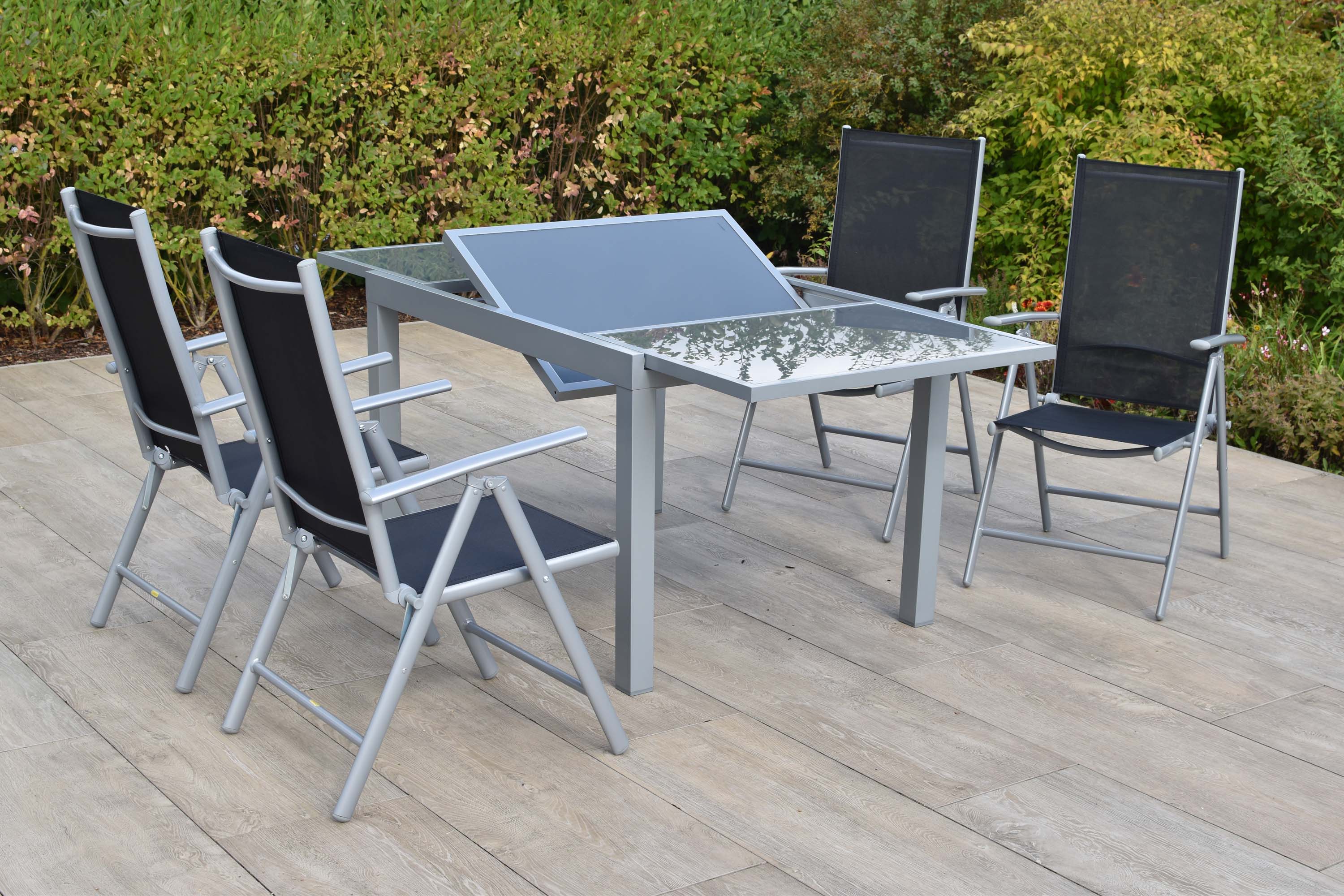 Amalfi Gartenmöbel Set 5tlg., 4 Klappsessel, Ausziehtisch 140 (200) x 90 cm, schwarz