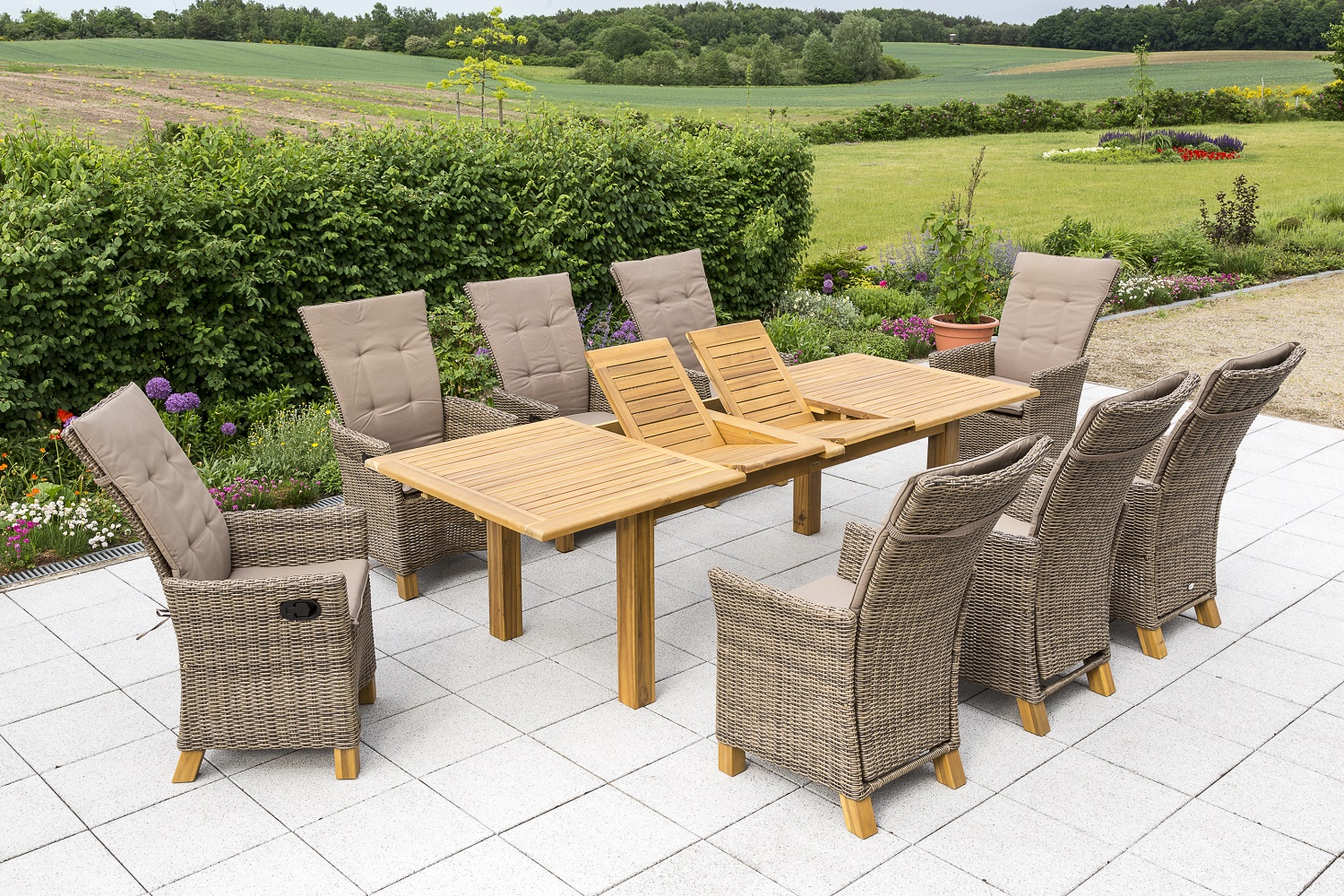 Toskana Gartenmöbel Set 9tlg., Gasdruck, Doppelausziehtisch, natur