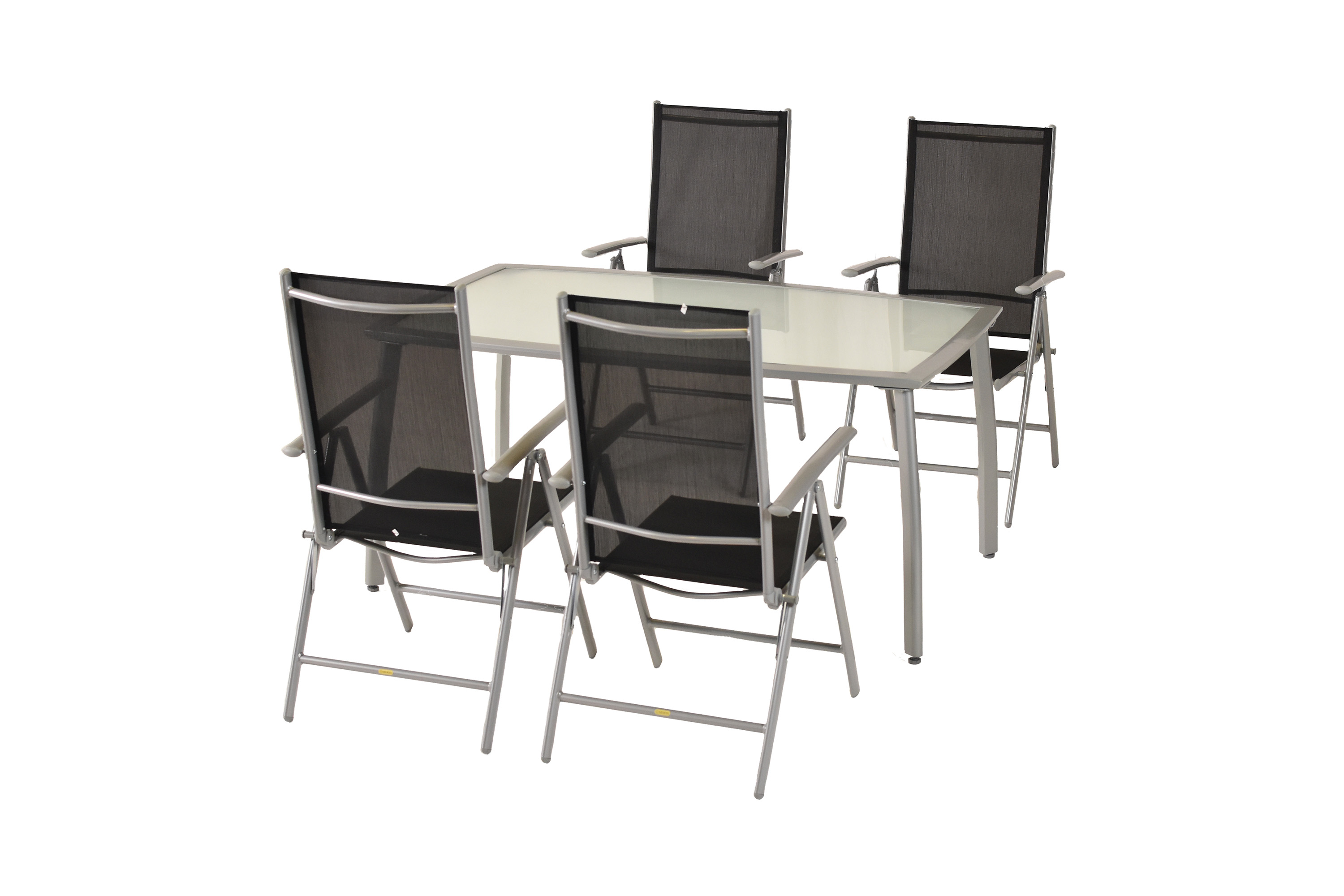 Amalfi Set 5tlg., 4 Klappsessel, Tisch 150x90 cm, schwarz Amalfi Set 5tlg., 4 Klappsessel, Tisch 150x90 cm, schwarz