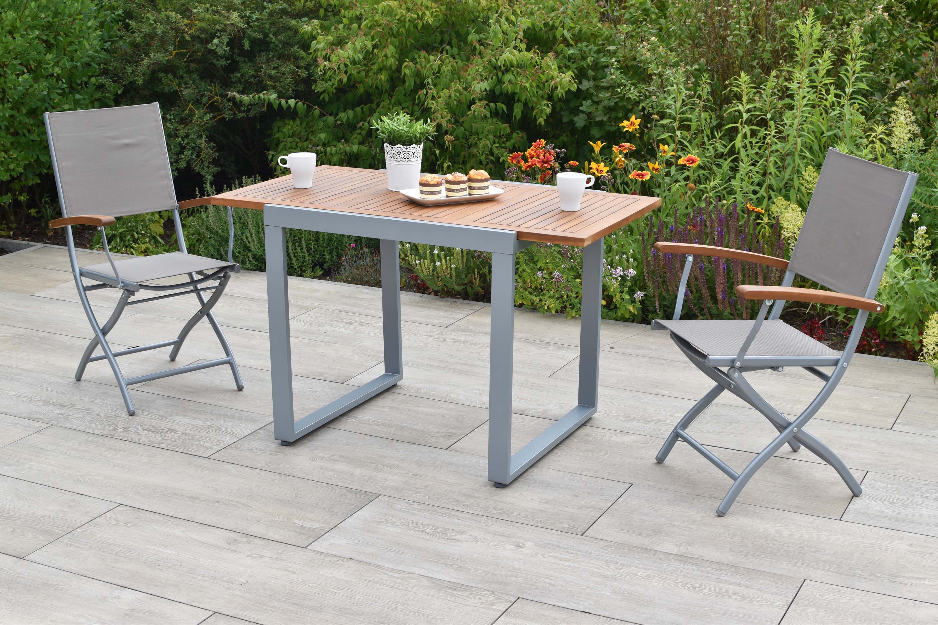 Naxos Gartenmöbel Set 3tlg., 2 Klappsessel, Balkonausziehtisch 80(120) x 70 cm, Alu/Textil/Akazie