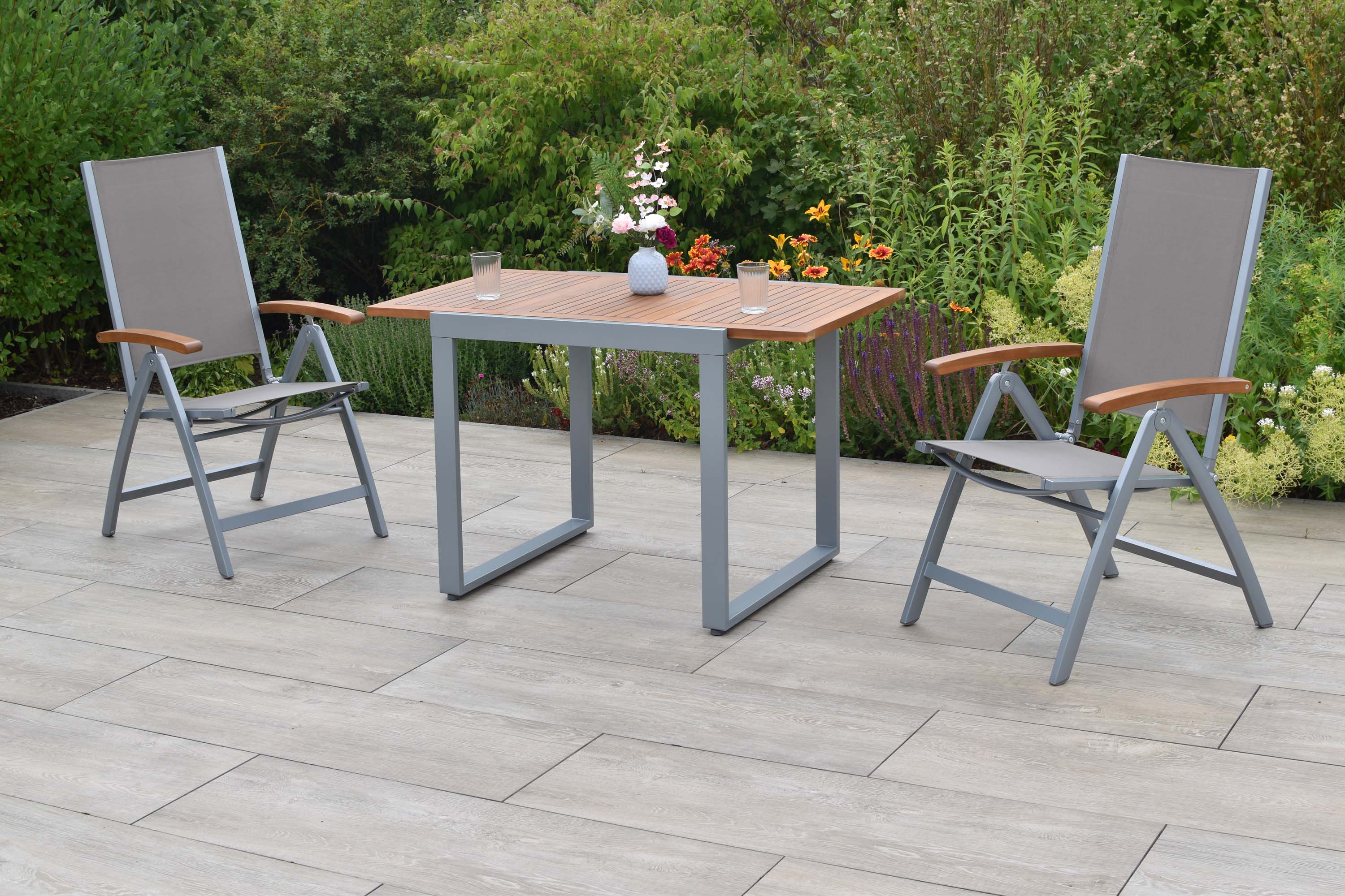 Naxos Gartenmöbel Set 3tlg., 2 Klappsessel, verstellbare Rückenlehne, Ausziehtisch 80 (120) x 70 cm