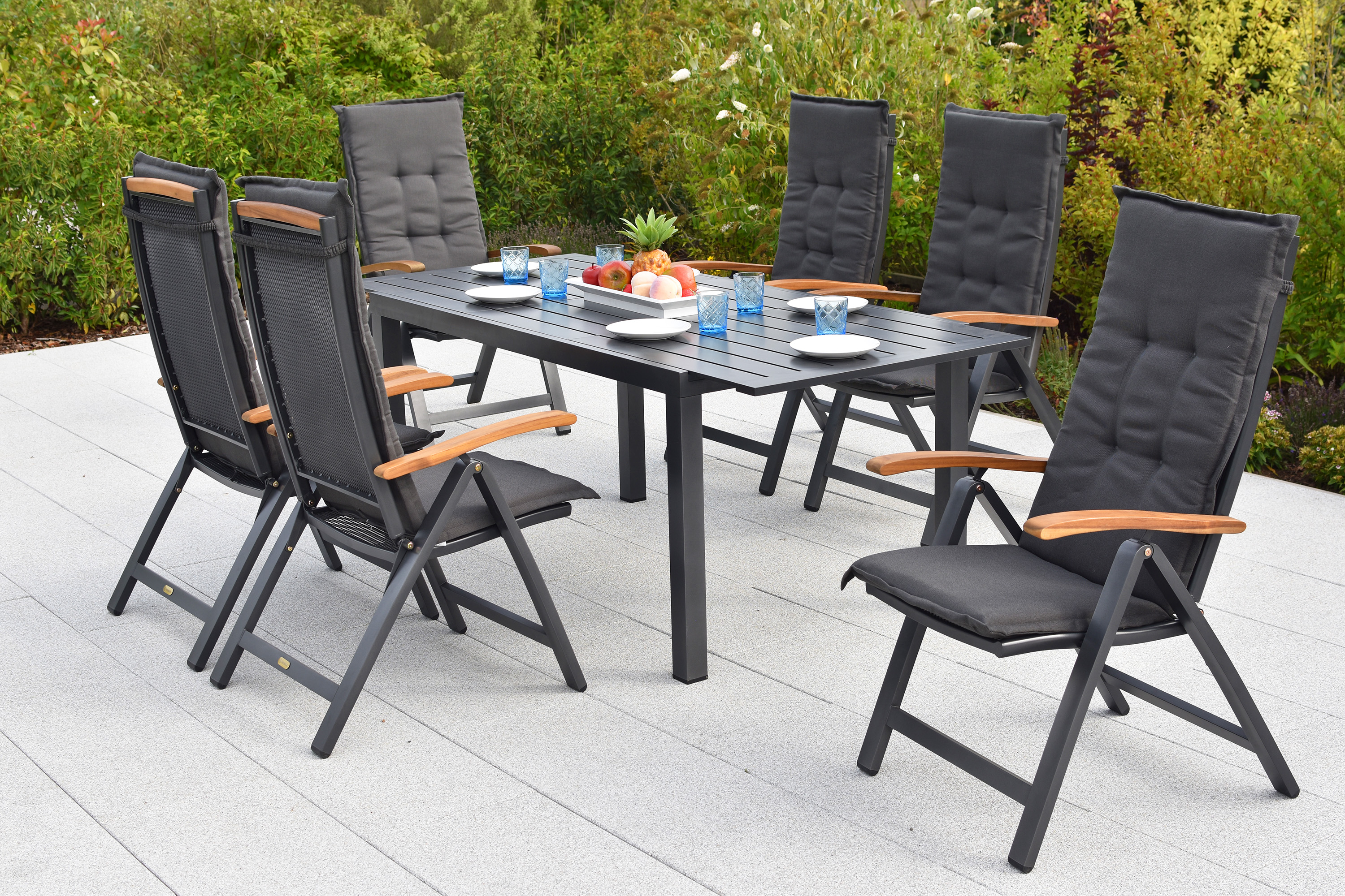 Tilos Gartenmöbel Set 13tlg., 6 Klappsessel, 6 Auflagen, Ausziehtisch 150 (200) x 90 cm, Aluminium/Akazie