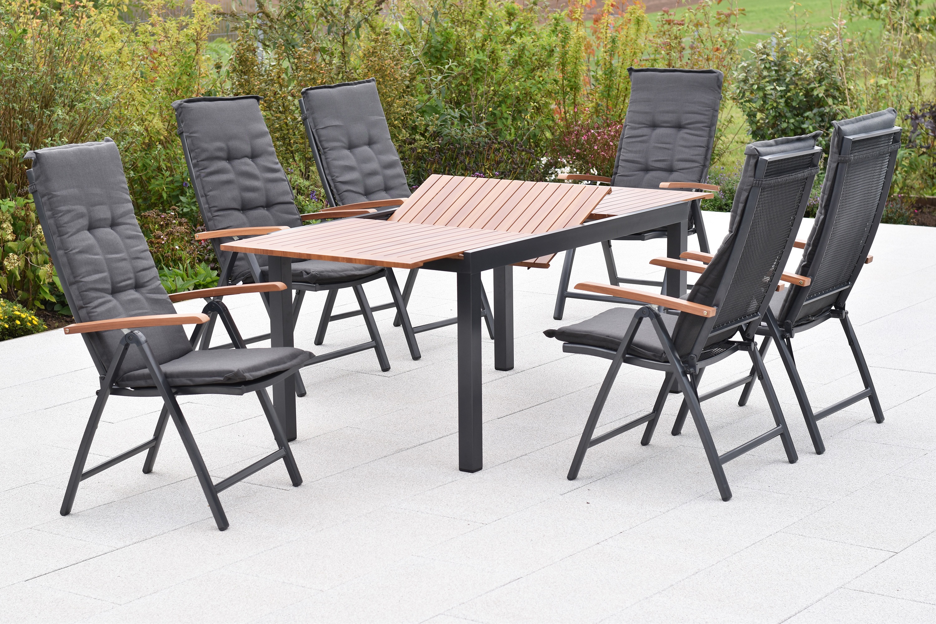 Thasos Gartenmöbel Set 13tlg., 6 Klappsessel, 6 Auflagen, Ausziehtisch 150 (200 ) x 90 cm, Aluminium