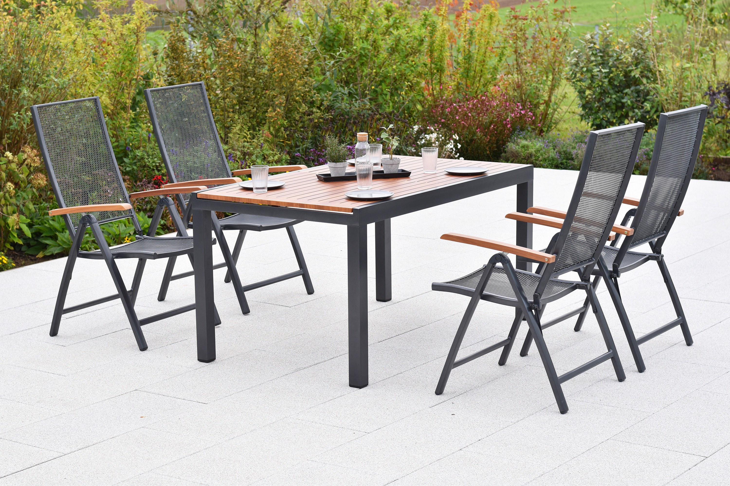 Thasos Gartenmöbel Set 5tlg., 4 Klappsessel, Ausziehtisch 150 (200 ) x 90 cm, Aluminium